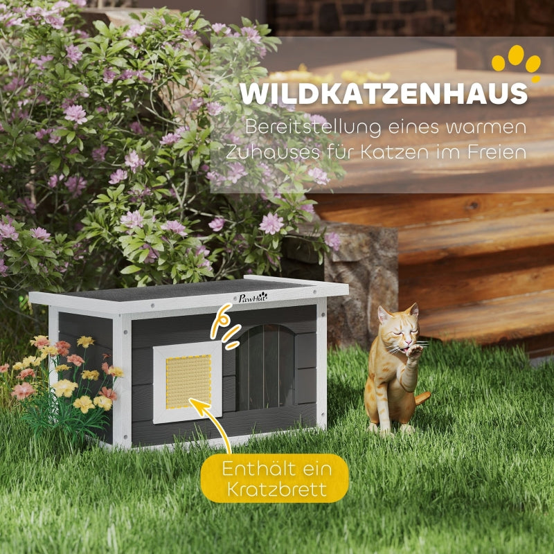 Katzenhaus aus Holz, Kratzmatte, wetterfest, für Innen und Außen, Grau