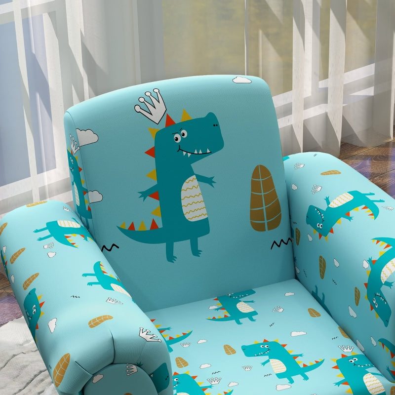 2 Piece Kids Sofa Set, Dinosaur Design Wooden Frame, Blue
