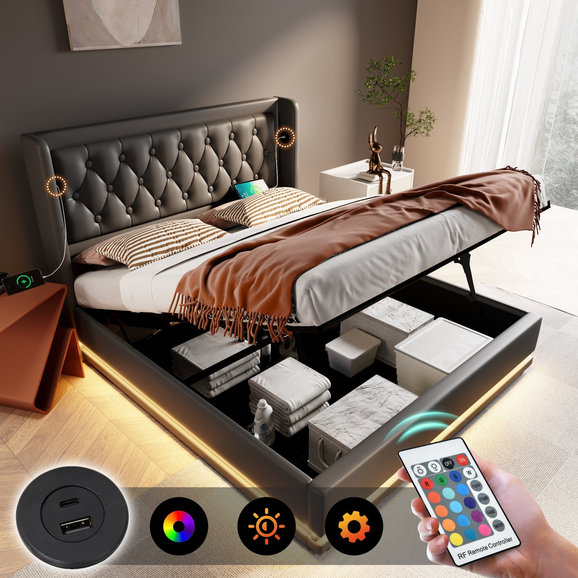 Upholstered Double Bed 160x200cm, Hydraulic Storage & USB Charging, Black PU Leather