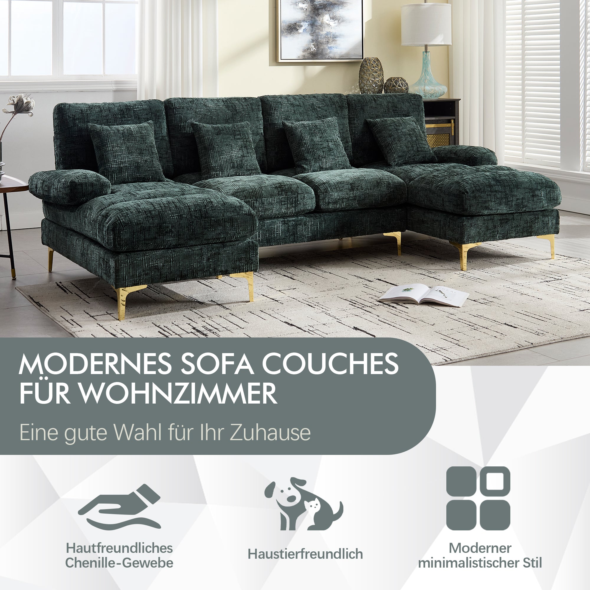 Chenille U-Shape Sectional Sofa, Large with Double Reclining Seats, Emerald