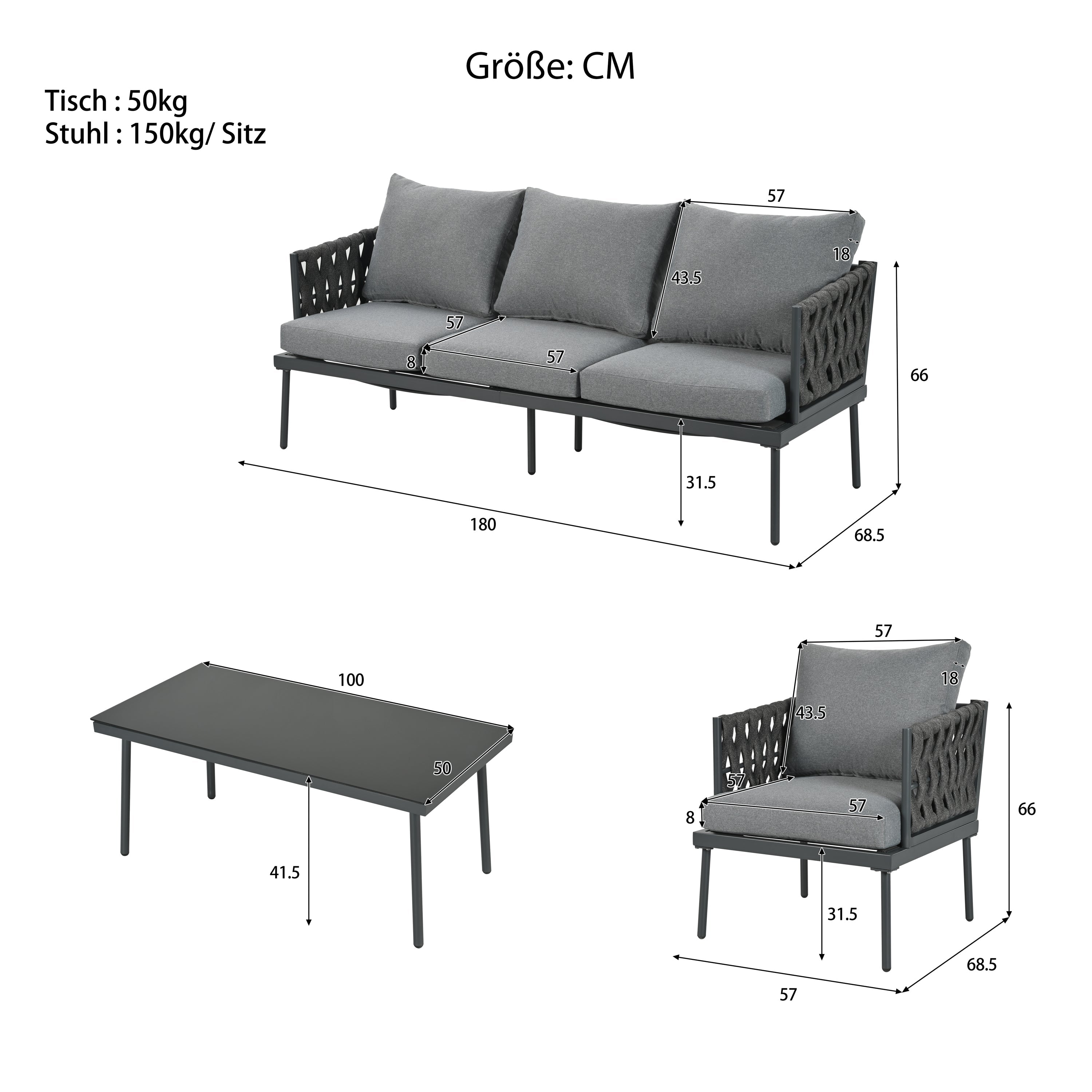 Garden Furniture Set with 3-Seater Sofa, 2 Armchairs and Coffee Table, Grey