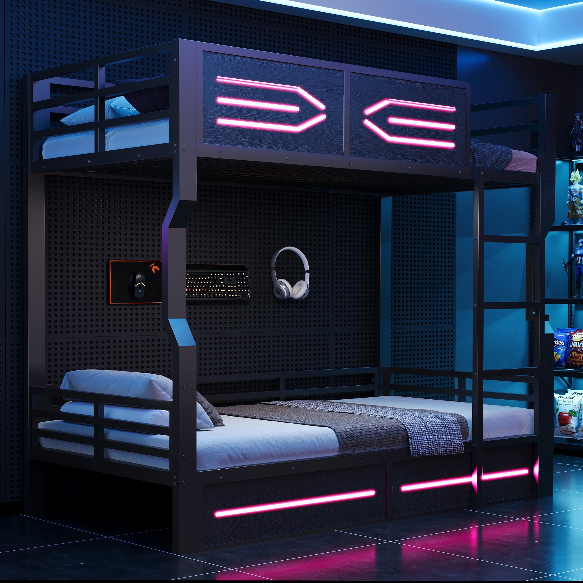 Iron Bunk Bed with LED Lighting and High Side Rails, 90x200cm, Black Iron