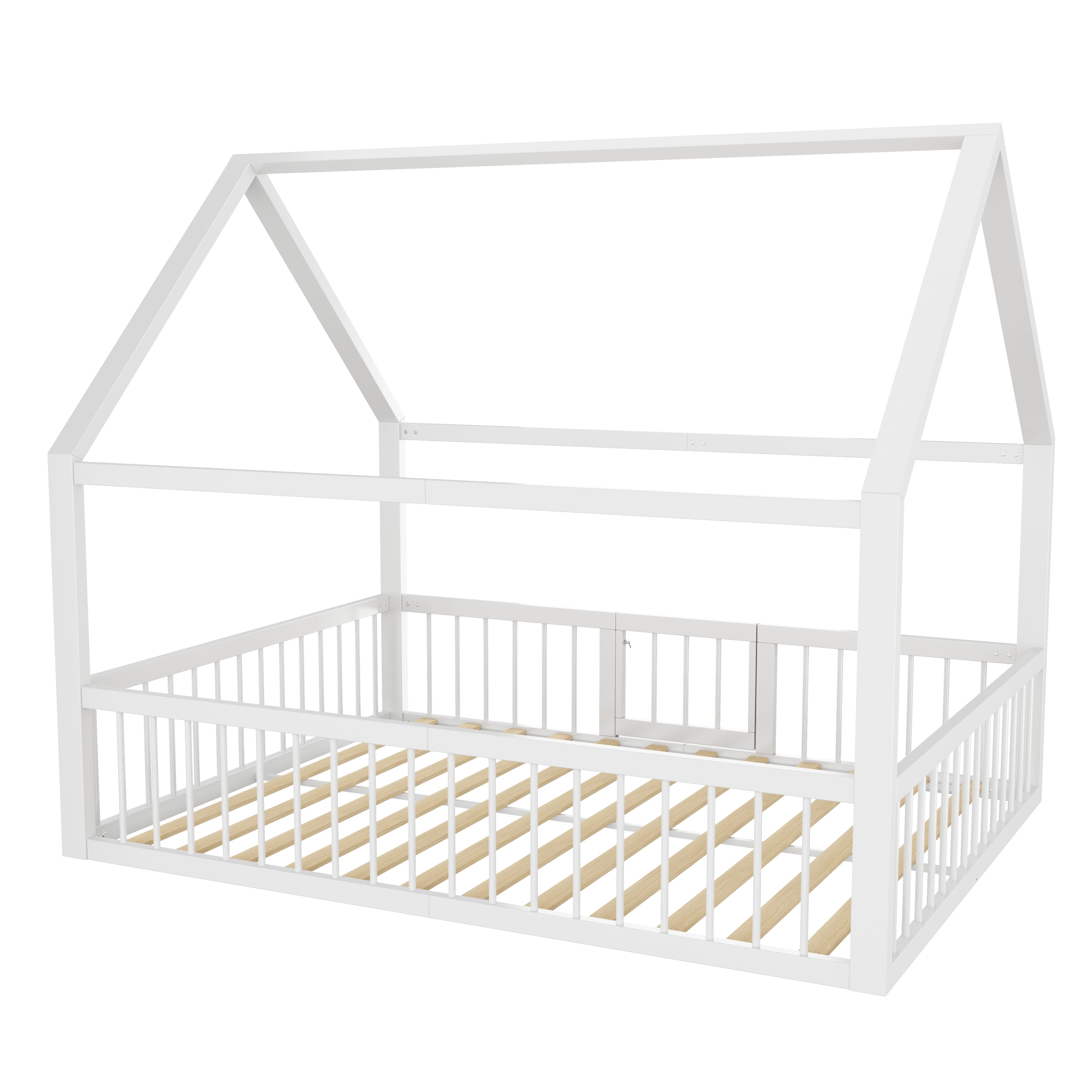 Children's Metal Bed 140x200cm House Design with Railing - White