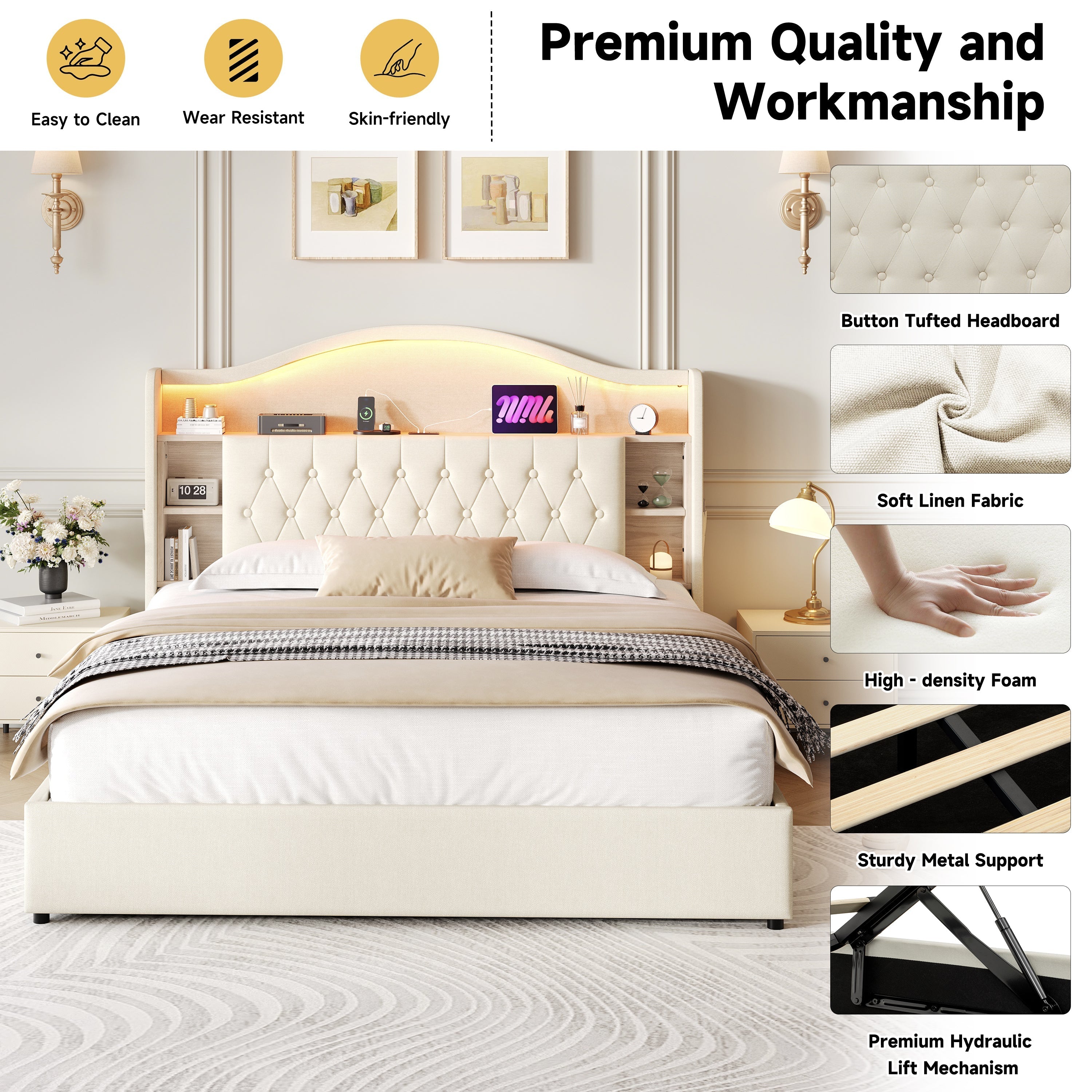 King Upholstered Bed Frame, Hydraulic Storage, LED Button Tufted Headboard w/ Charging Station, Linen Beige