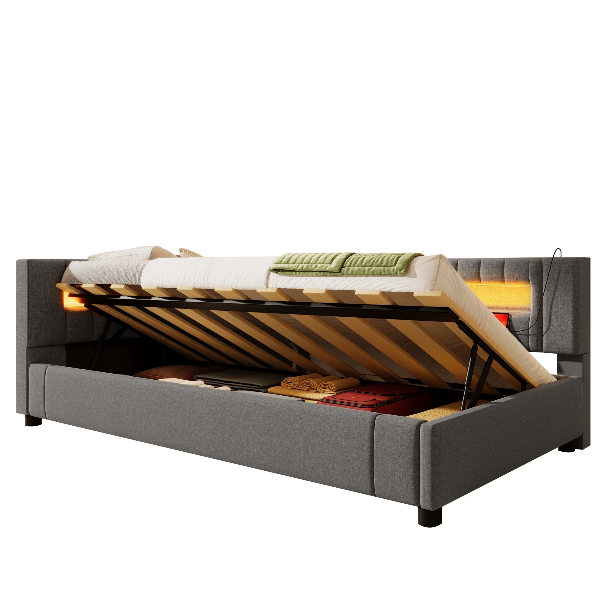 Daybed Sofa Bed with LED Lighting, Hydraulic Storage and USB Charging, Grey Linen