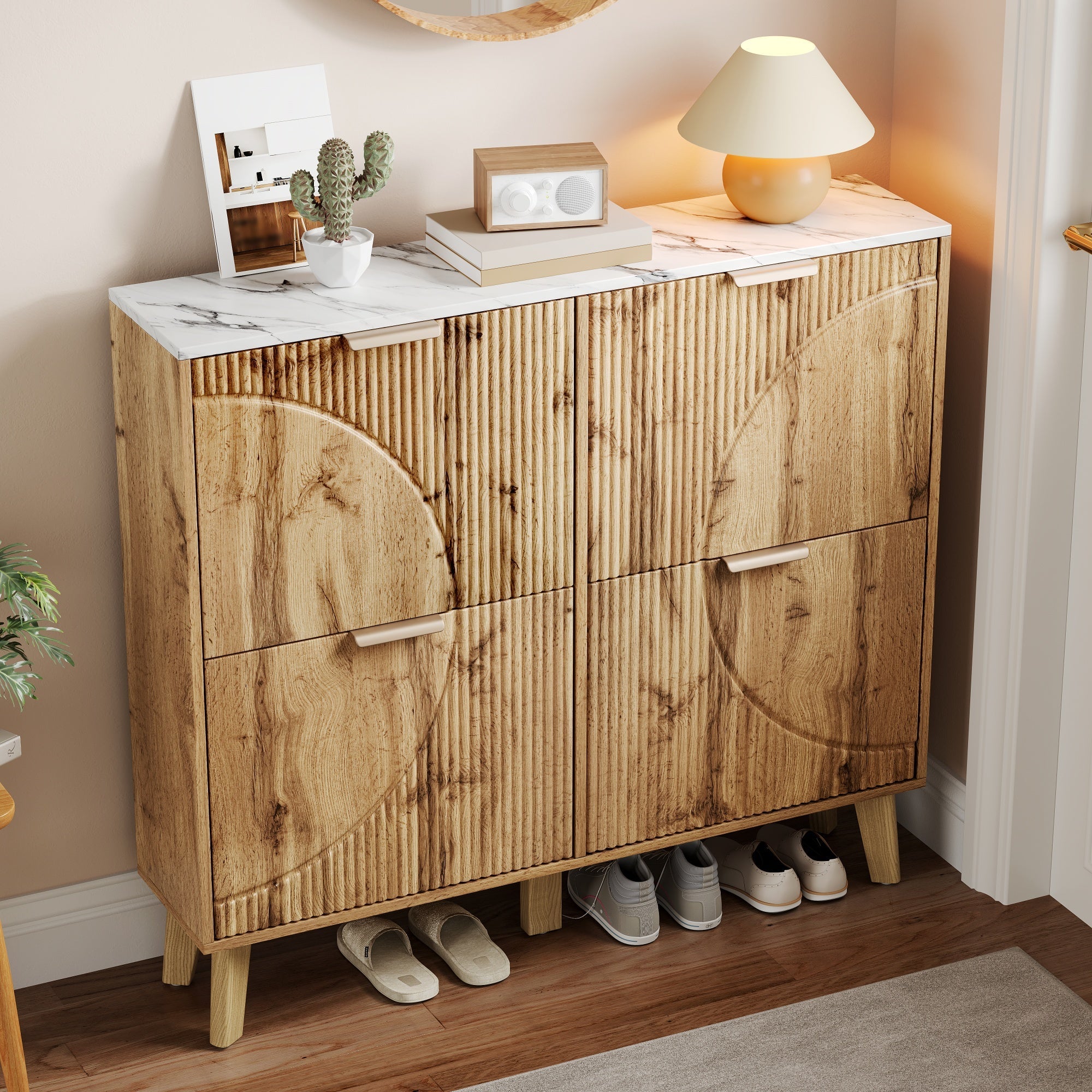Shoe Cabinet with 4 Doors and Marble Look Worktop, Wood Look and Solid Wood Legs