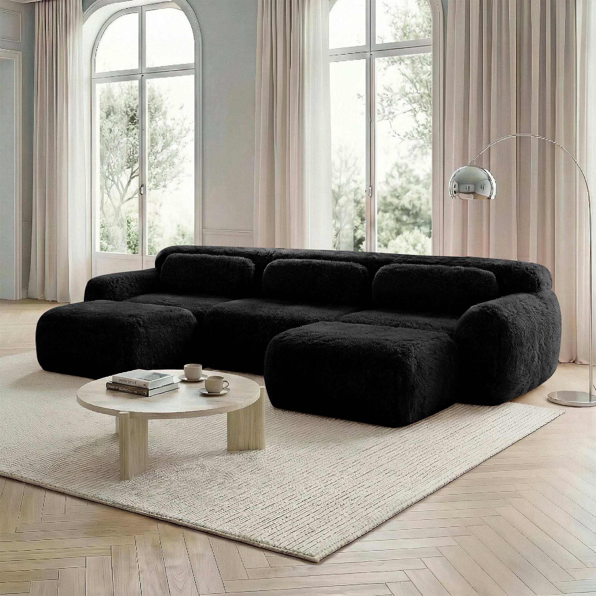 U-shaped Modular Sofa Plush Fabric No Assembly With Cushions - Black