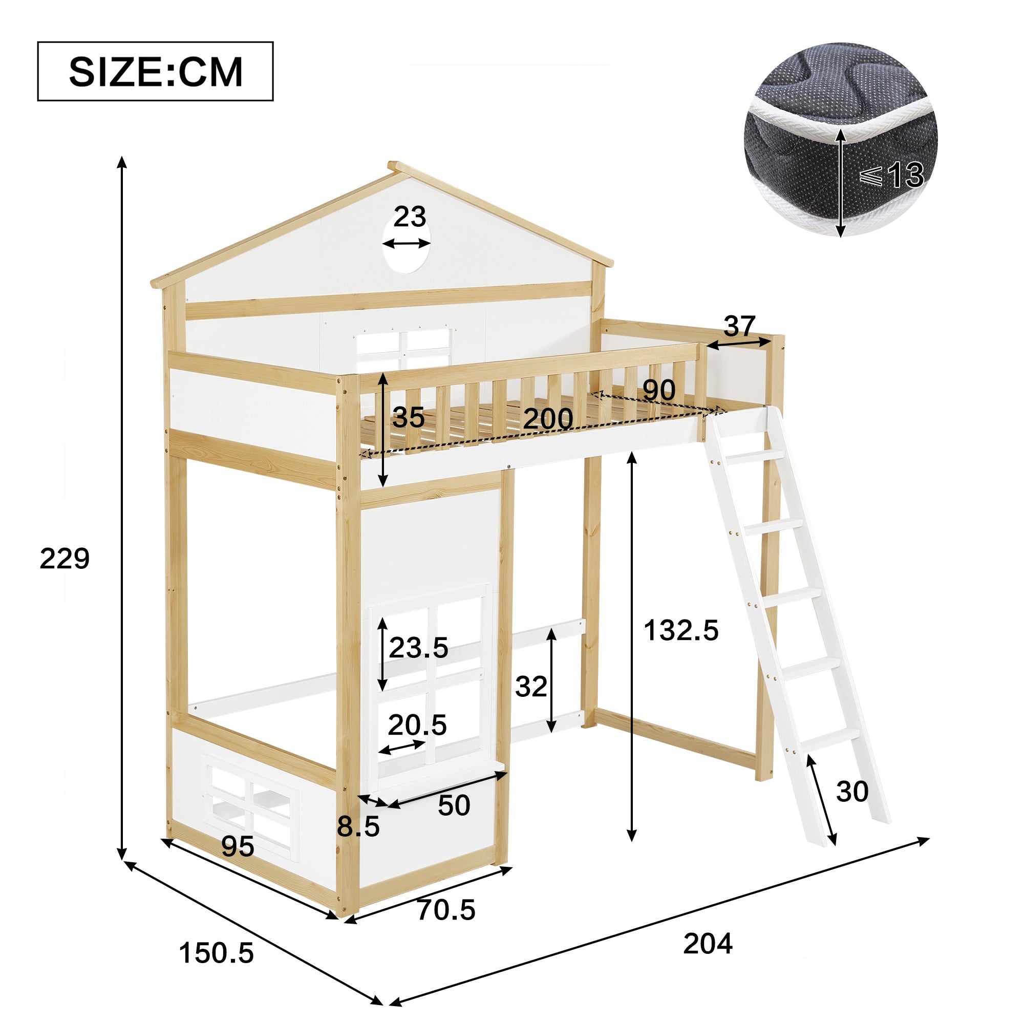 Bunk Bed, House Bed with Stairs & Rails, Pine+MDF, White+Natural