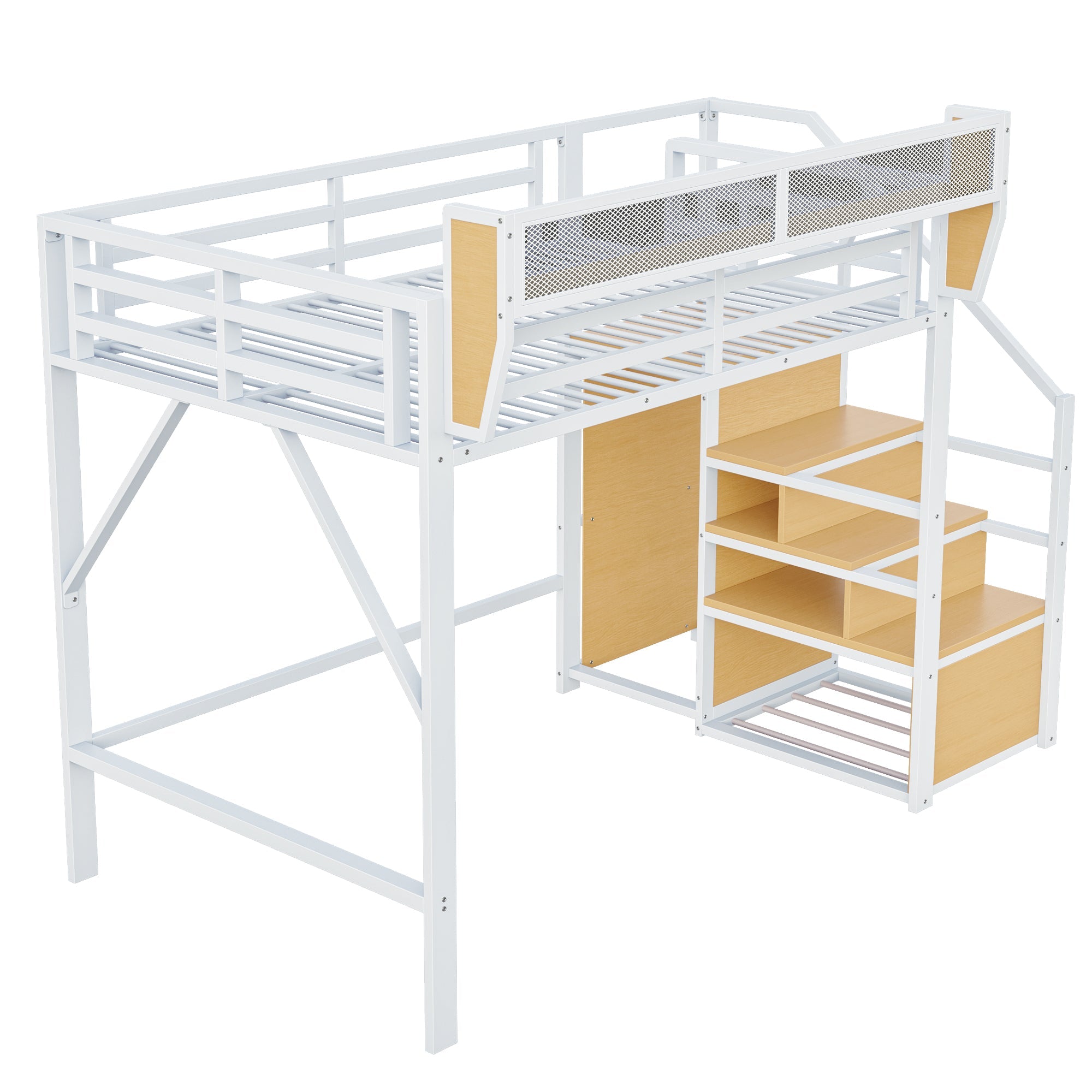 Loft Bed 140x200 Safety Ladder Storage Metal White