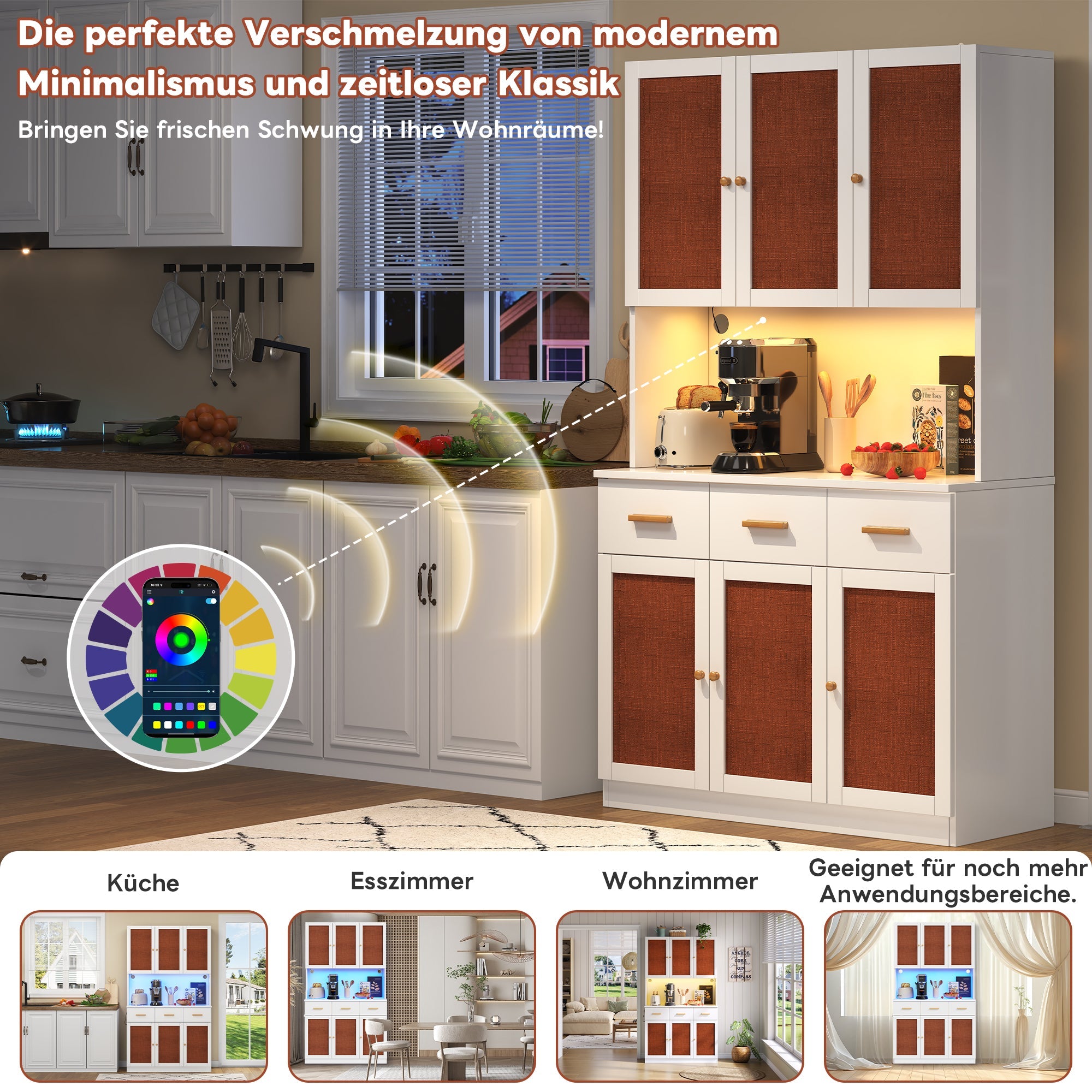 Kitchen Sideboard Tall Cabinet with LED & Socket, White Fabric/Solid Wood