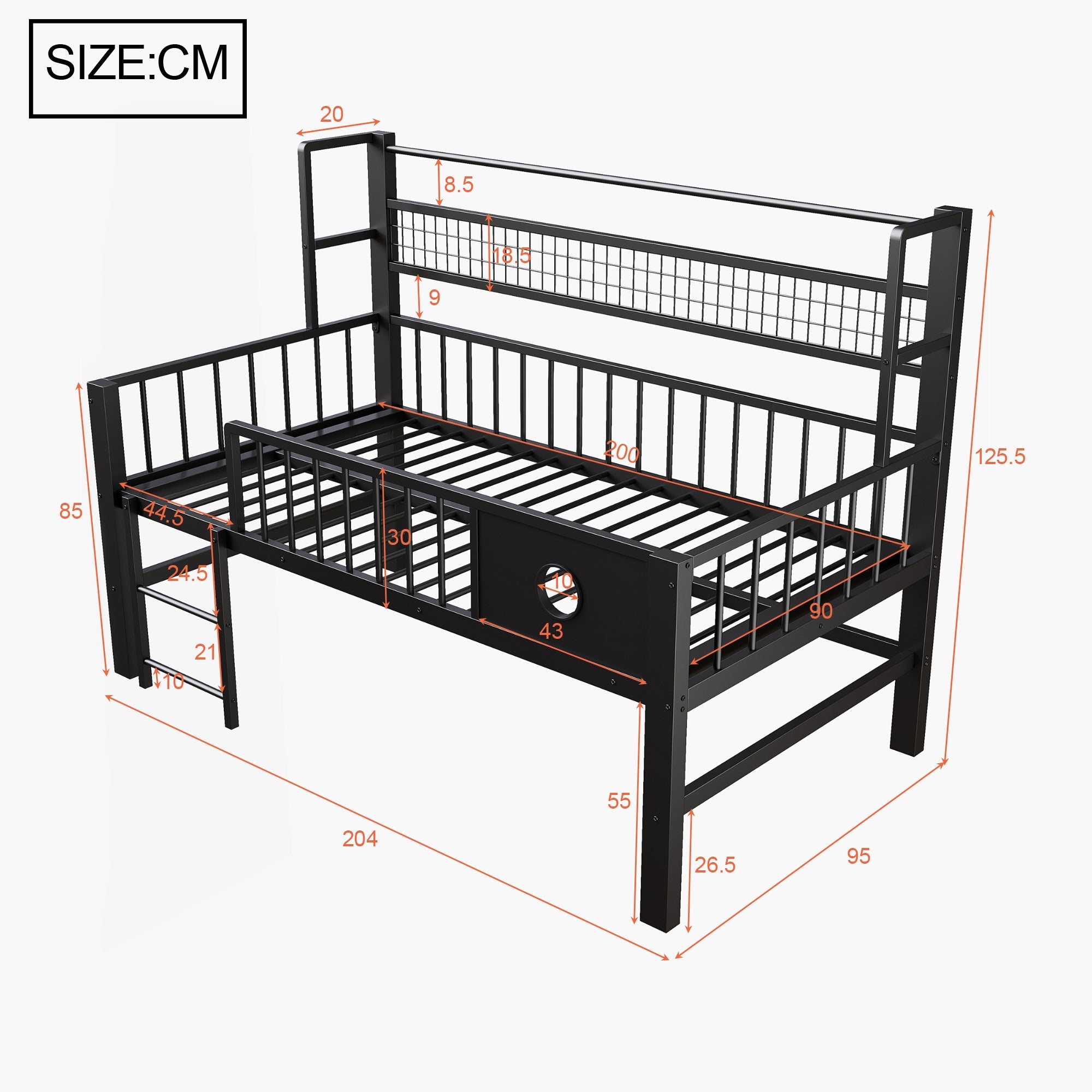 Low Loft Bed with Storage Compartments, 90x200cm, Black Metal