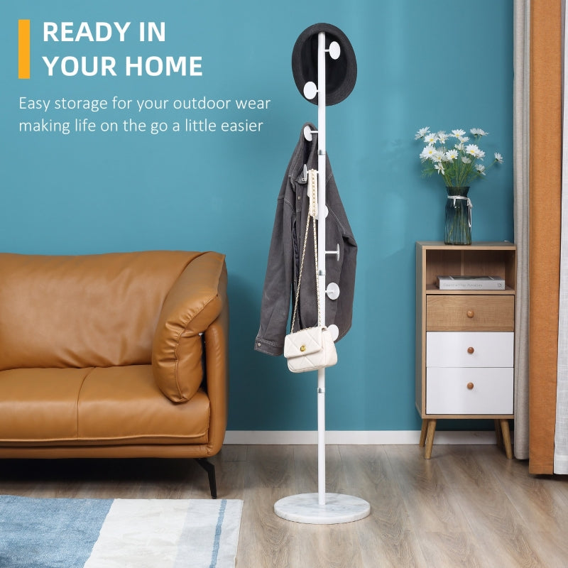 Coat Rack Free Standing Hall Tree 8 Round Disc Hooks Steel with Marble Base, White