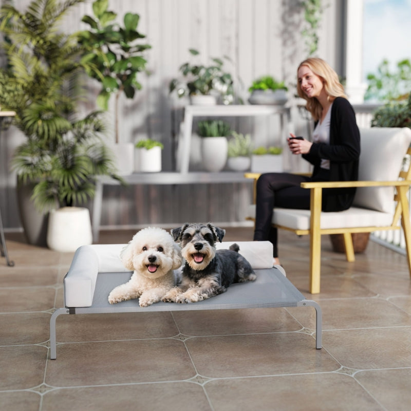 Hundebett für draußen, erhöht mit L-förmigem Kissen für mittelgroße Hunde, Hellgrau