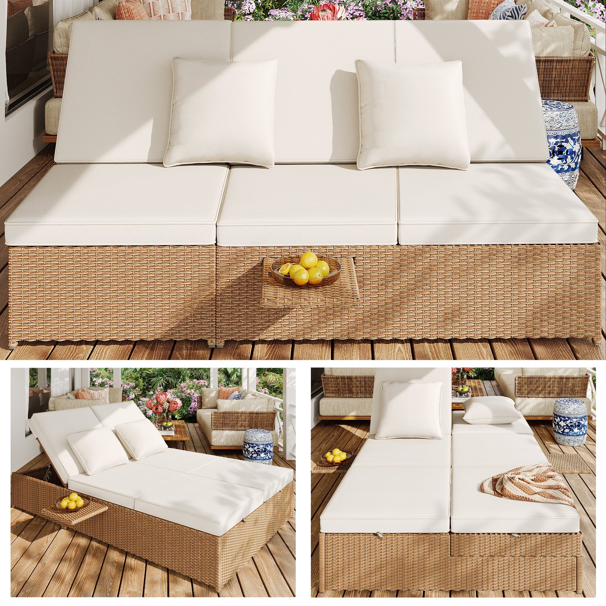 Outdoor Rattan Double Lounger - Foldable Weatherproof with Cushions - White
