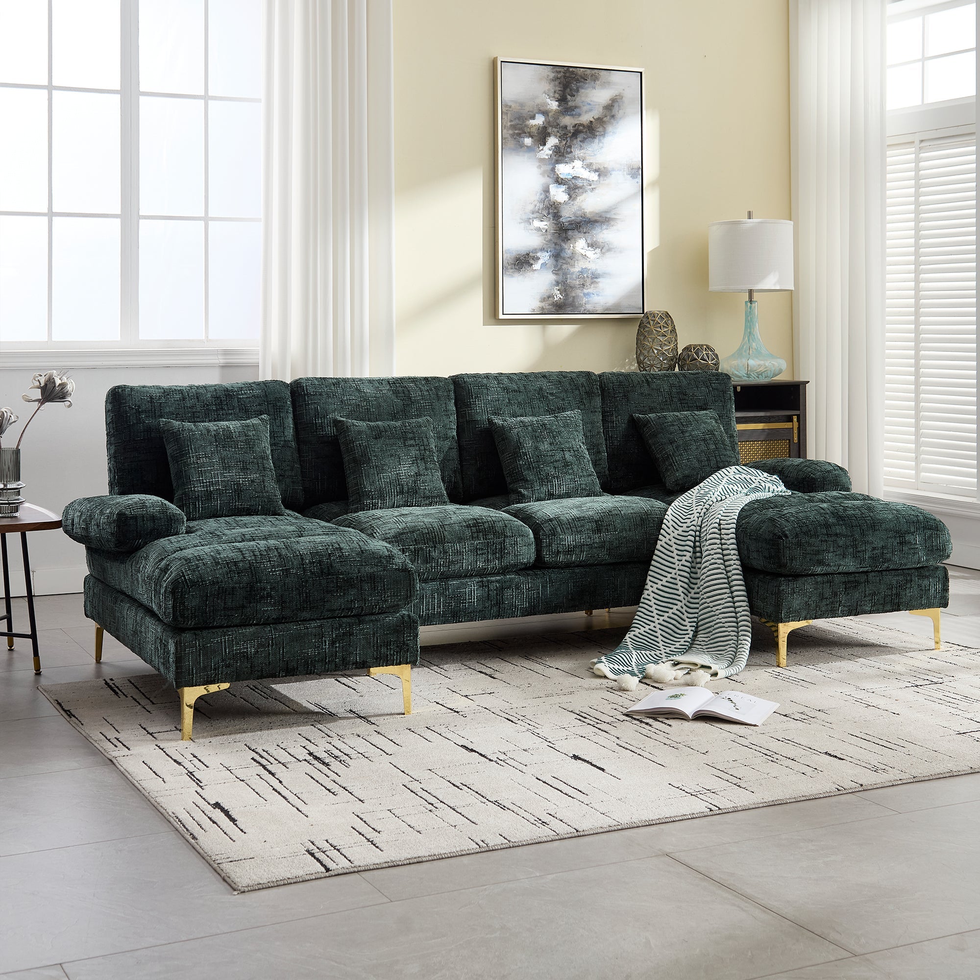 Chenille U-Shape Sectional Sofa, Large with Double Reclining Seats, Emerald