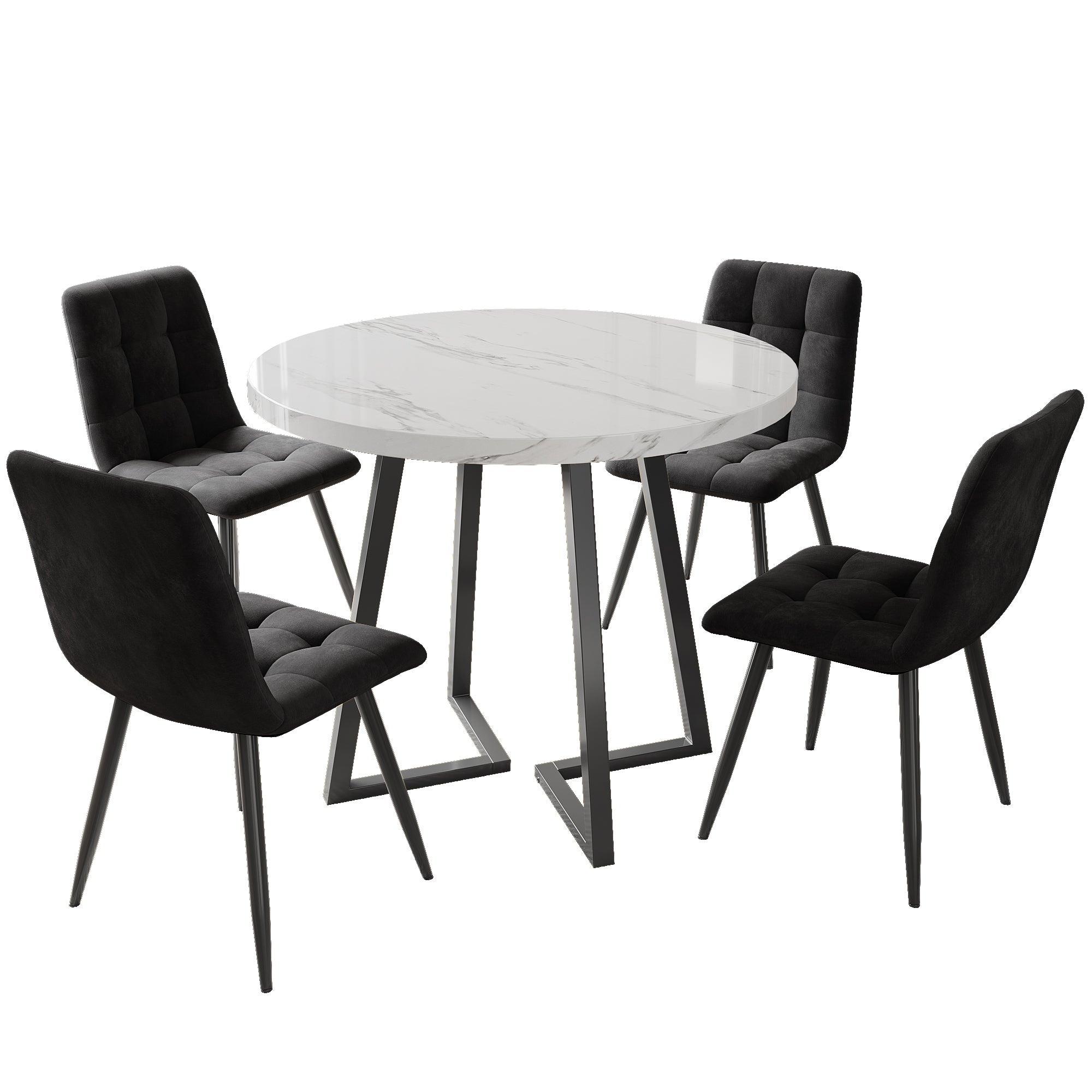 Dining Set 5-Piece Round Table Black Metal White MDF Black Velvet