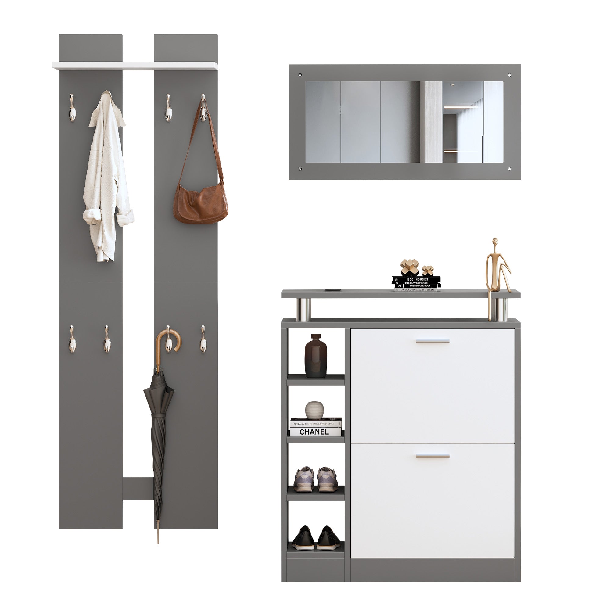 Wall-mounted Wardrobe Set, Mirror, Shoe Cabinet, Anthracite Grey Matt