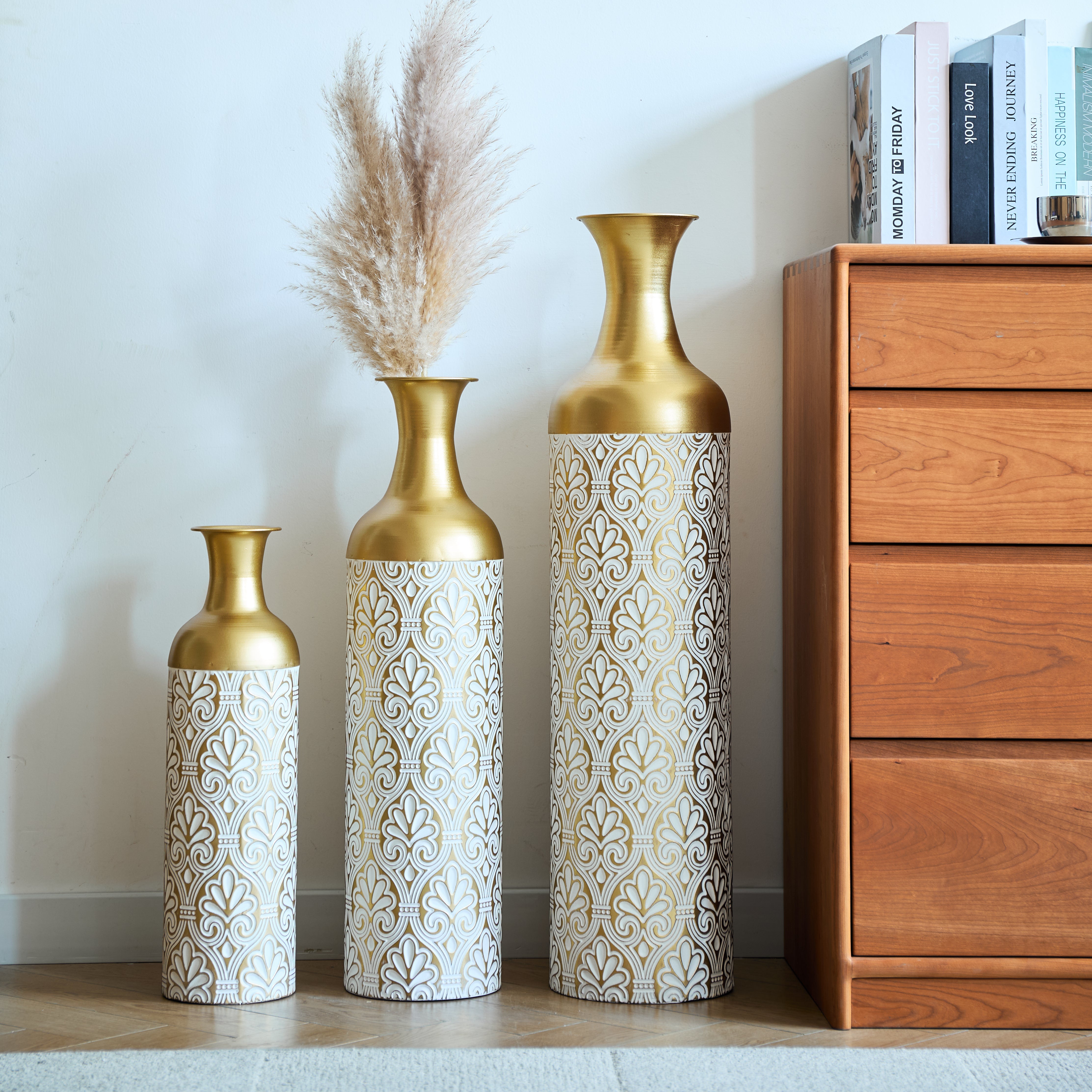 Floor Vase Set 3 Large Decorative 83/65/50cm High White Gold Metal