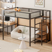 Loft Bed 140*200, Ladder & Storage, Iron Frame, Black