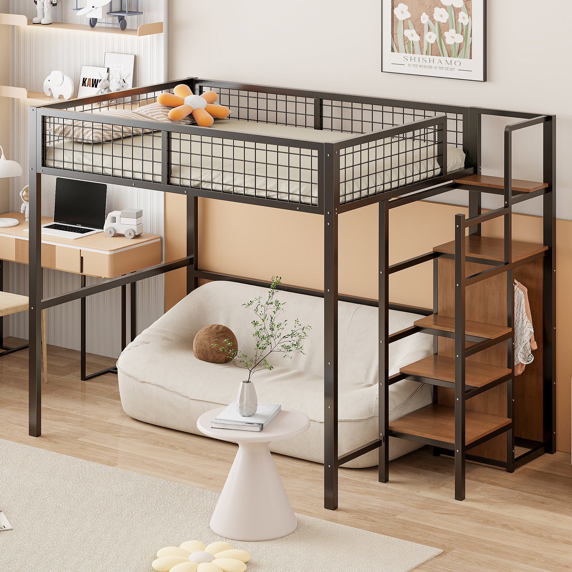 Loft Bed 140*200, Ladder & Storage, Iron Frame, Black