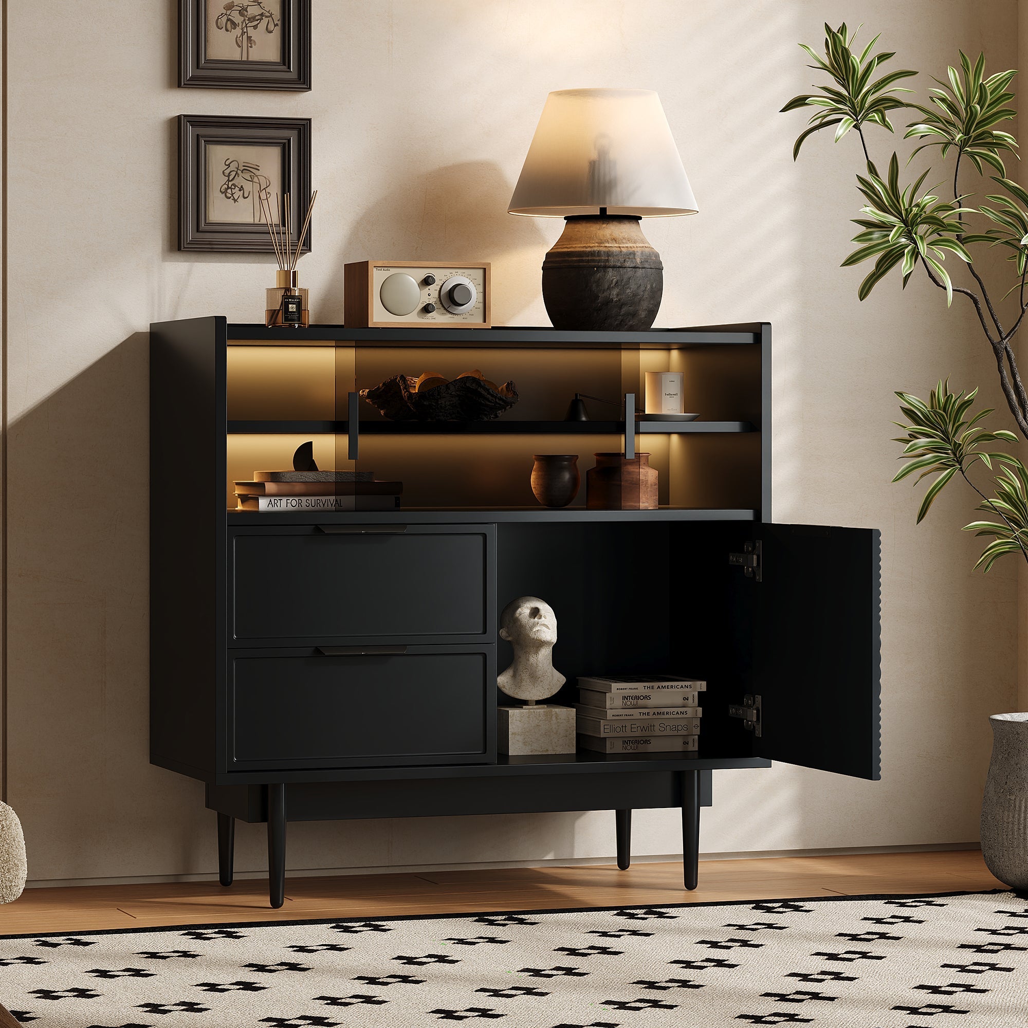 Storage Cabinet Sideboard 80 cm Glass Door, Light Strip