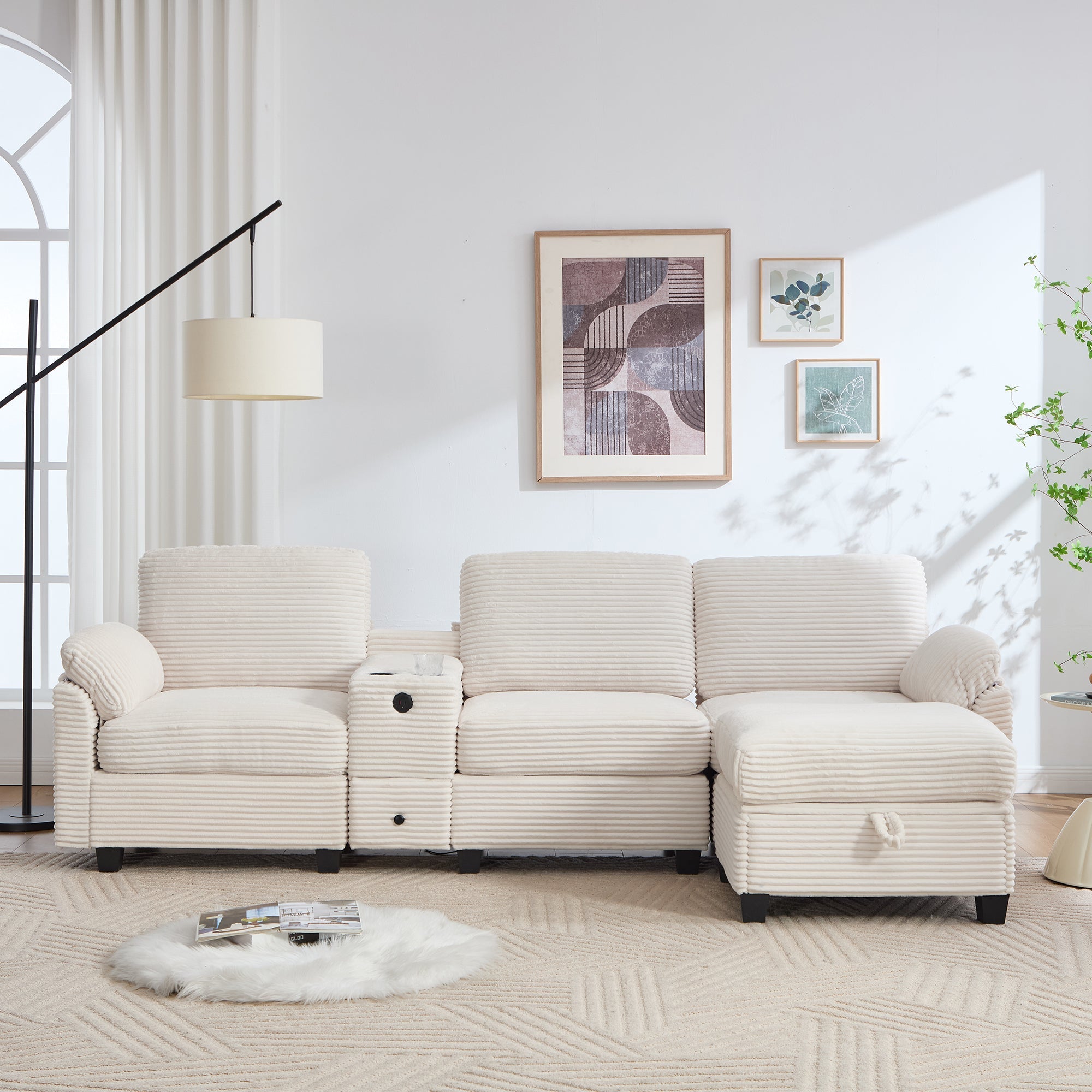 Sofa with Console, USB-C Port, Drawer & Movable Ottoman - Corduroy