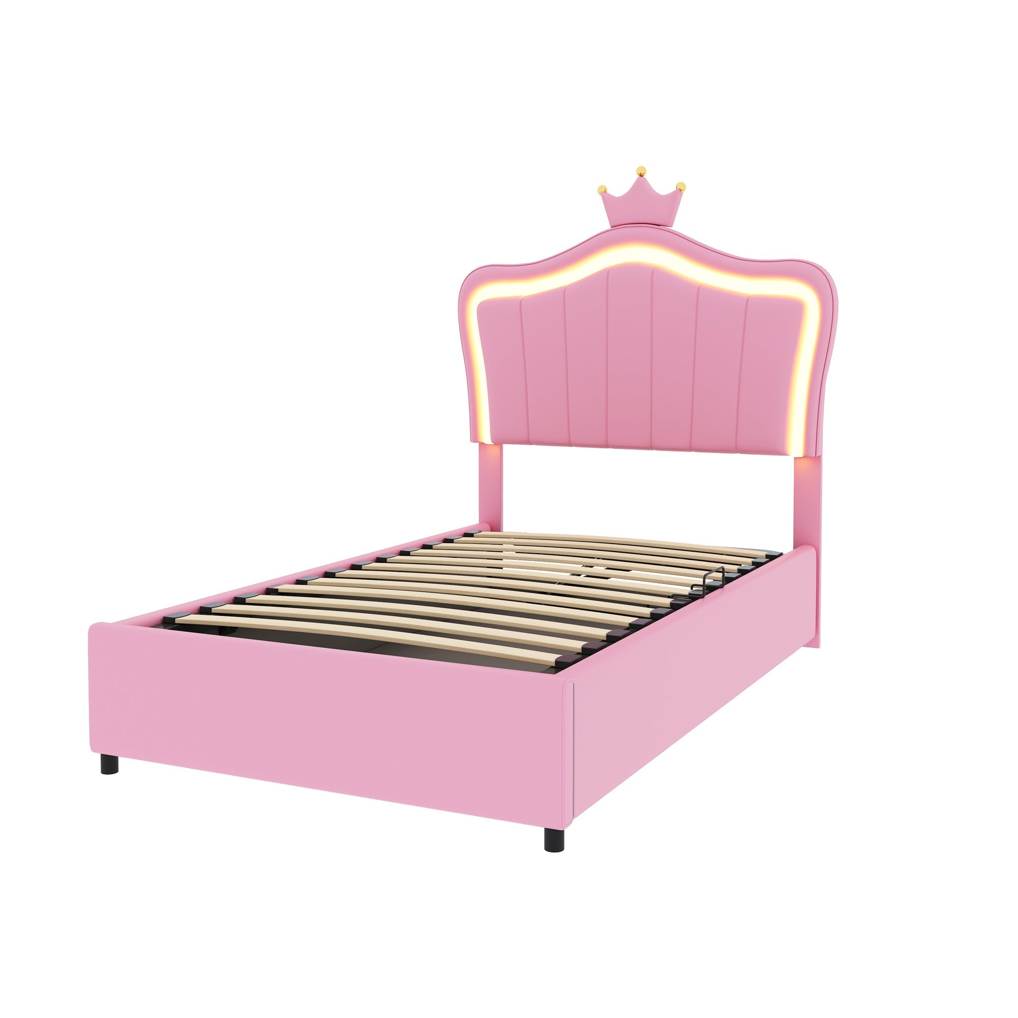 Children's Bed, Crown Design LED Hydraulic Storage, Faux Leather Pink