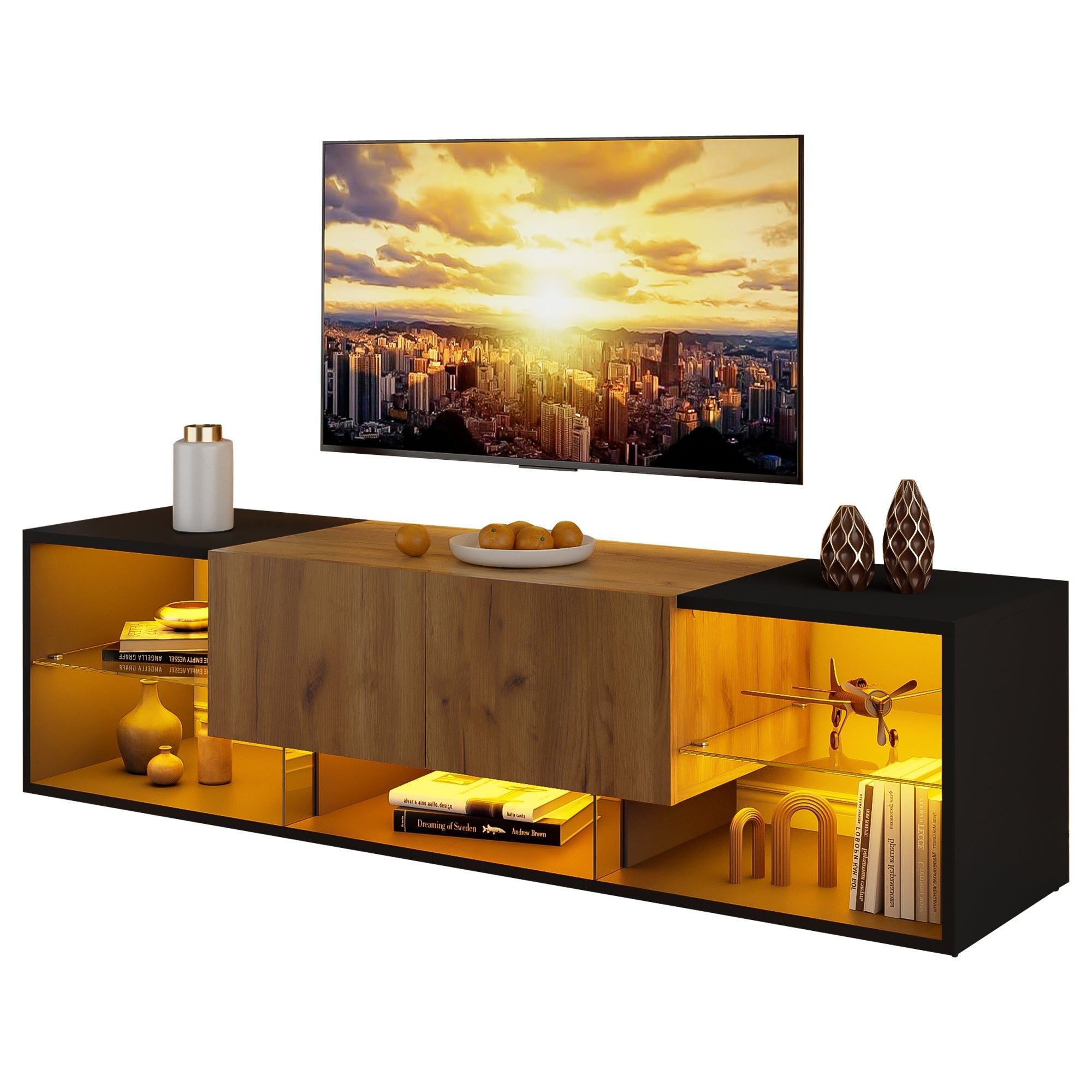 TV Console Cabinet, 3-Tier with Glass Shelf and 2 Drawers, Black