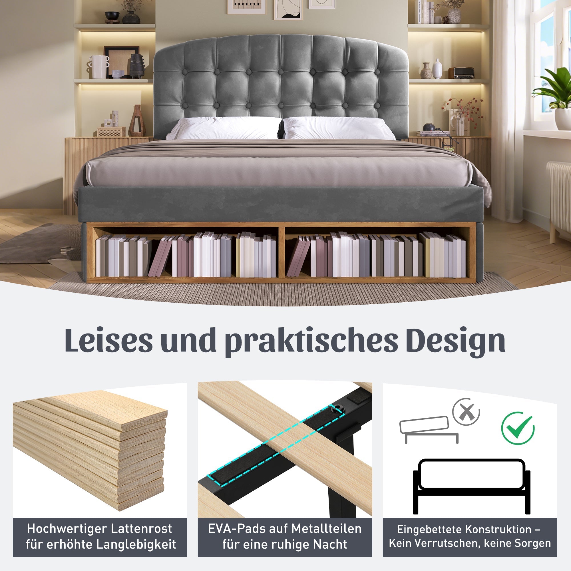 Upholstered Double Bed, 140x200cm with Storage Drawers and Adjustable Headboard, Grey Velvet