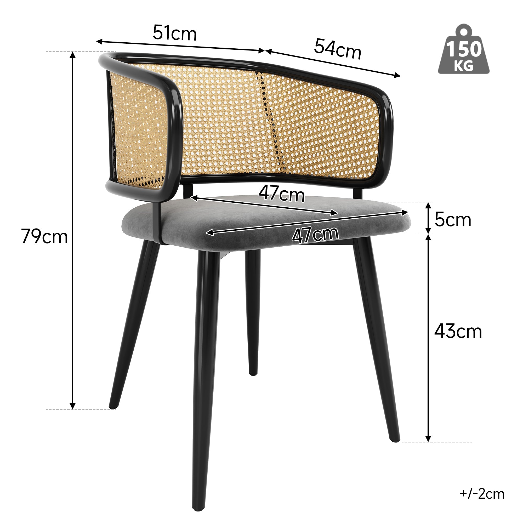 2 Dining Chairs Rattan Back Velvet Seat - Modern Style