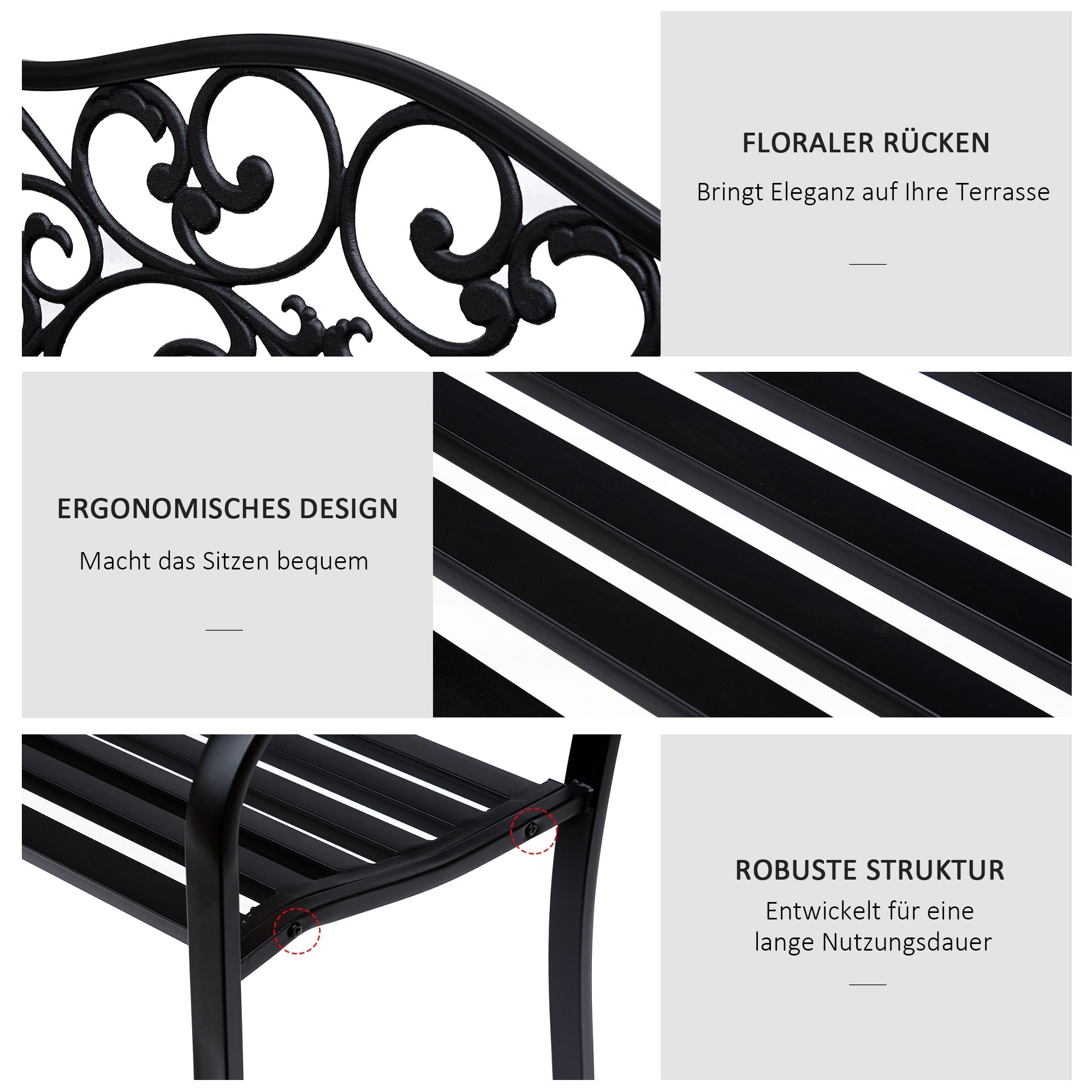 Garden Bench 3-Seater Steel with Cast Iron Armrests, Black