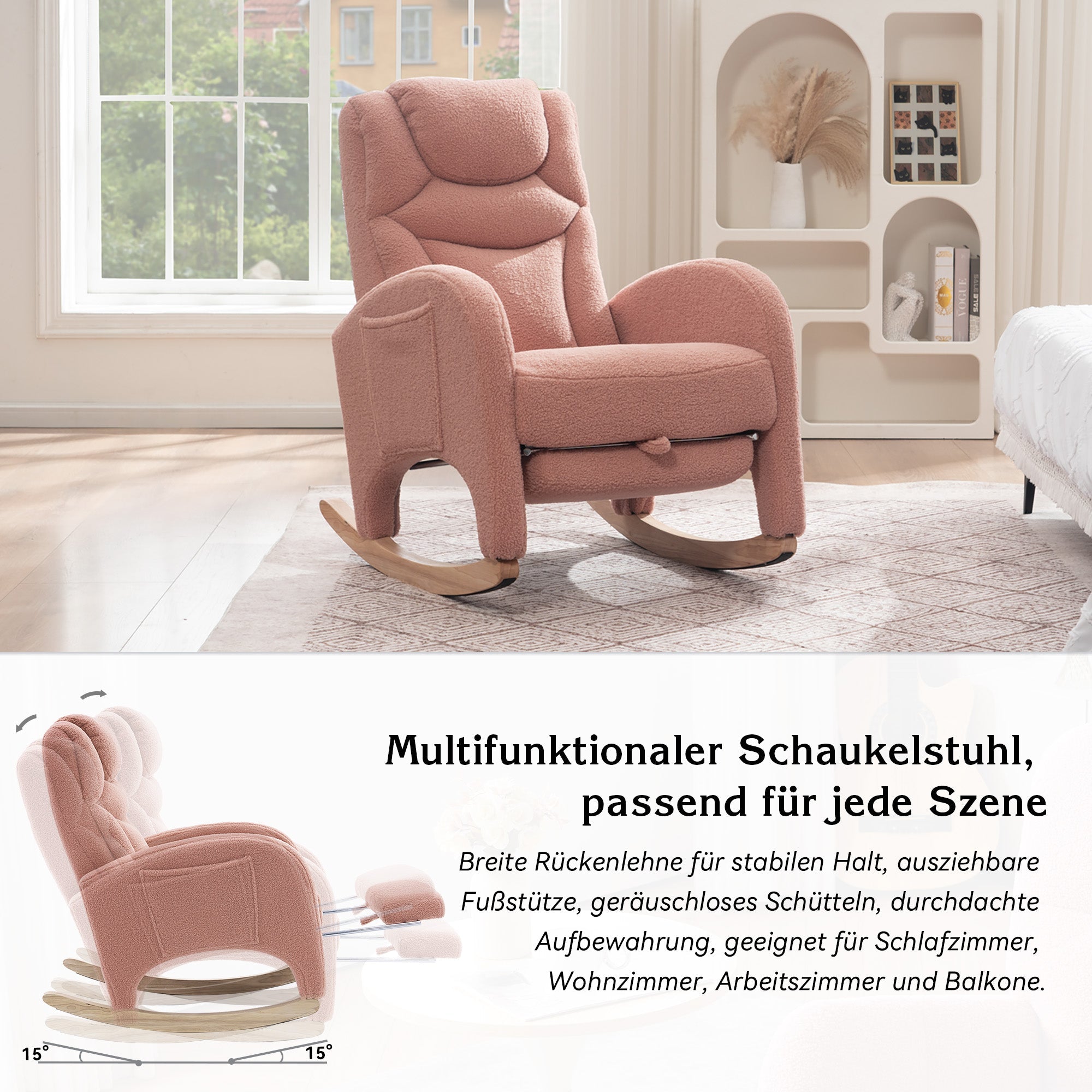 Rocking Chair, Upholstered with Armrest, Accent for Bedroom, Pink Teddy Fabric