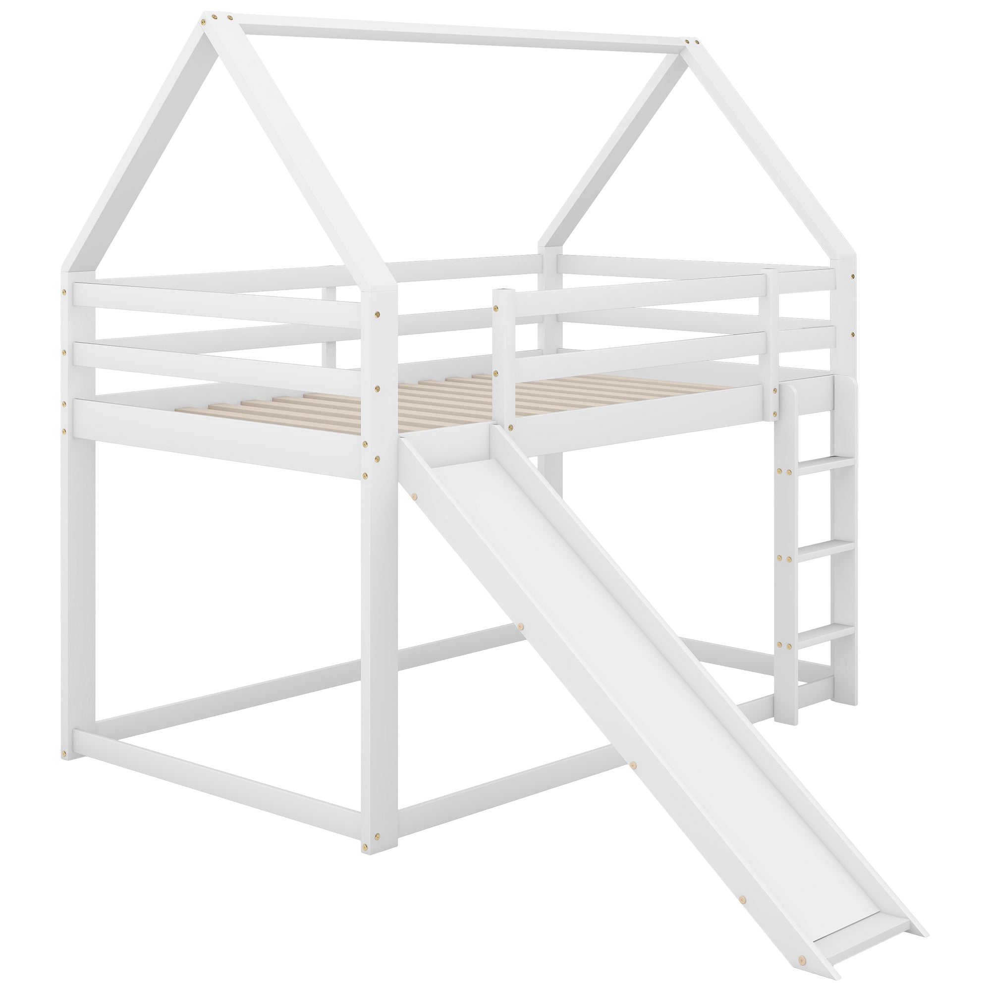 Children's House Bunk Bed 90x200cm with Slide and Ladder - White