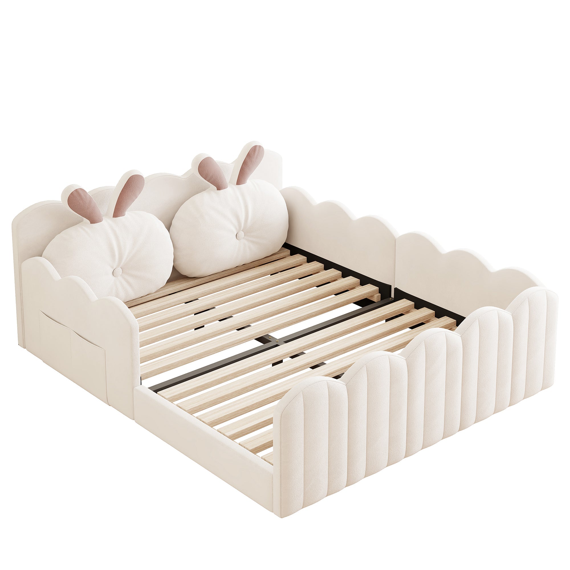 Upholstered Platform Bed with Rabbit-Shaped Cushions, 140x200cm, Beige Velvet