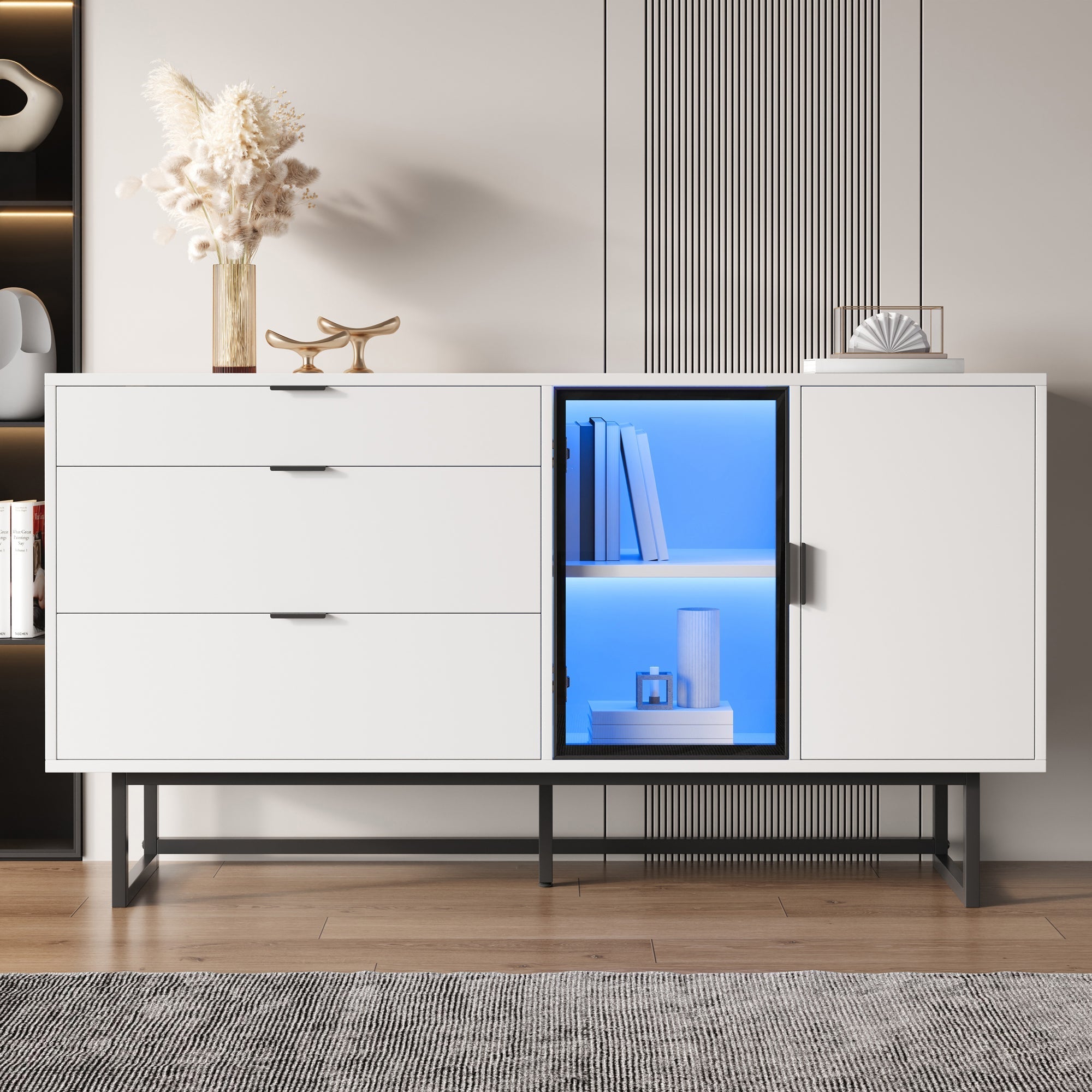 Sideboard Buffet Cabinet with 3 Drawers, Glass Doors and LED Lights, White Wood