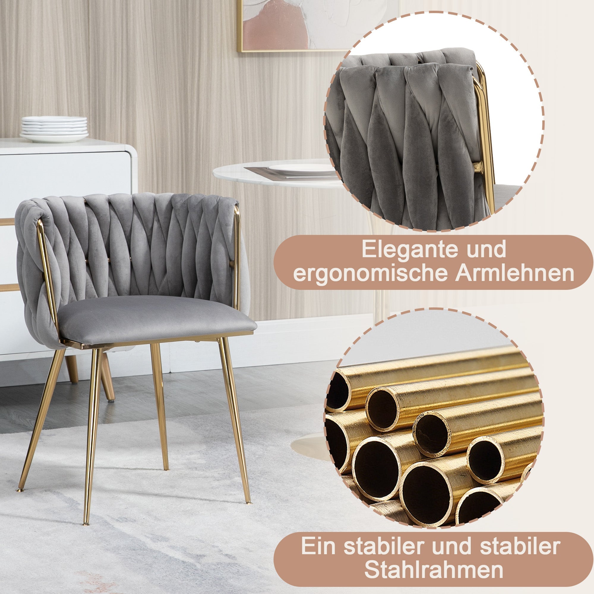 Velvet Dining Chair Set, Luxurious with Gold Metal Legs, Handwoven Design
