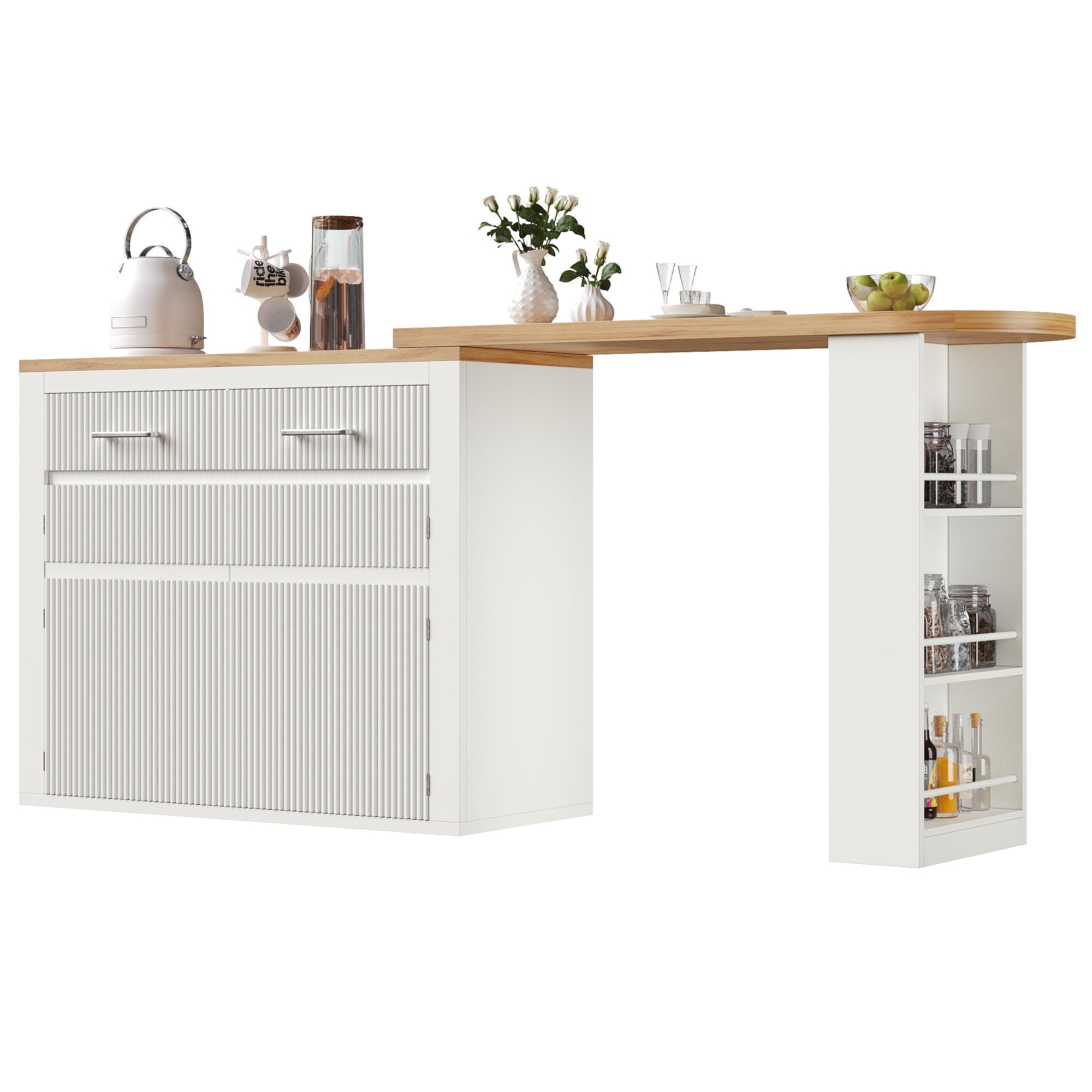 Extendable Bar Table Telescopic Movable Storage Drawer Shelves - White