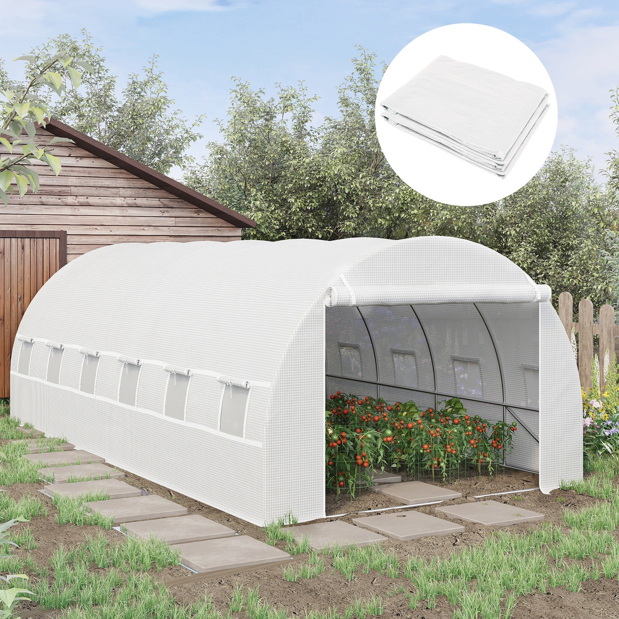 Greenhouse Replacement Cover 6 x 3 x 2m Roll-up Windows Door PE Cover, White