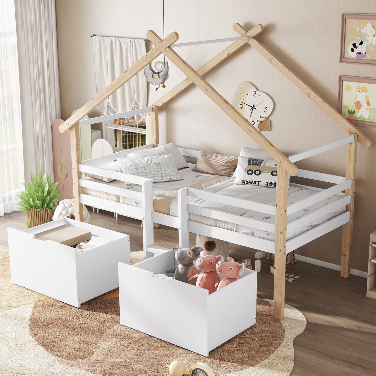 Children's Mid-Sleeper House Bed with Stairs, Storage Lockers, 90x200cm, Pine+MDF White/Natural