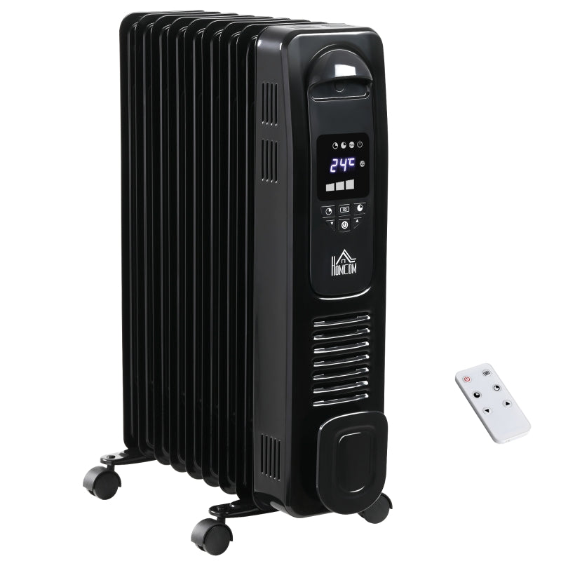 2000W Digital Oil Filled Radiator, 9 Fin Portable Heater with LED Display & Remote Control, Black