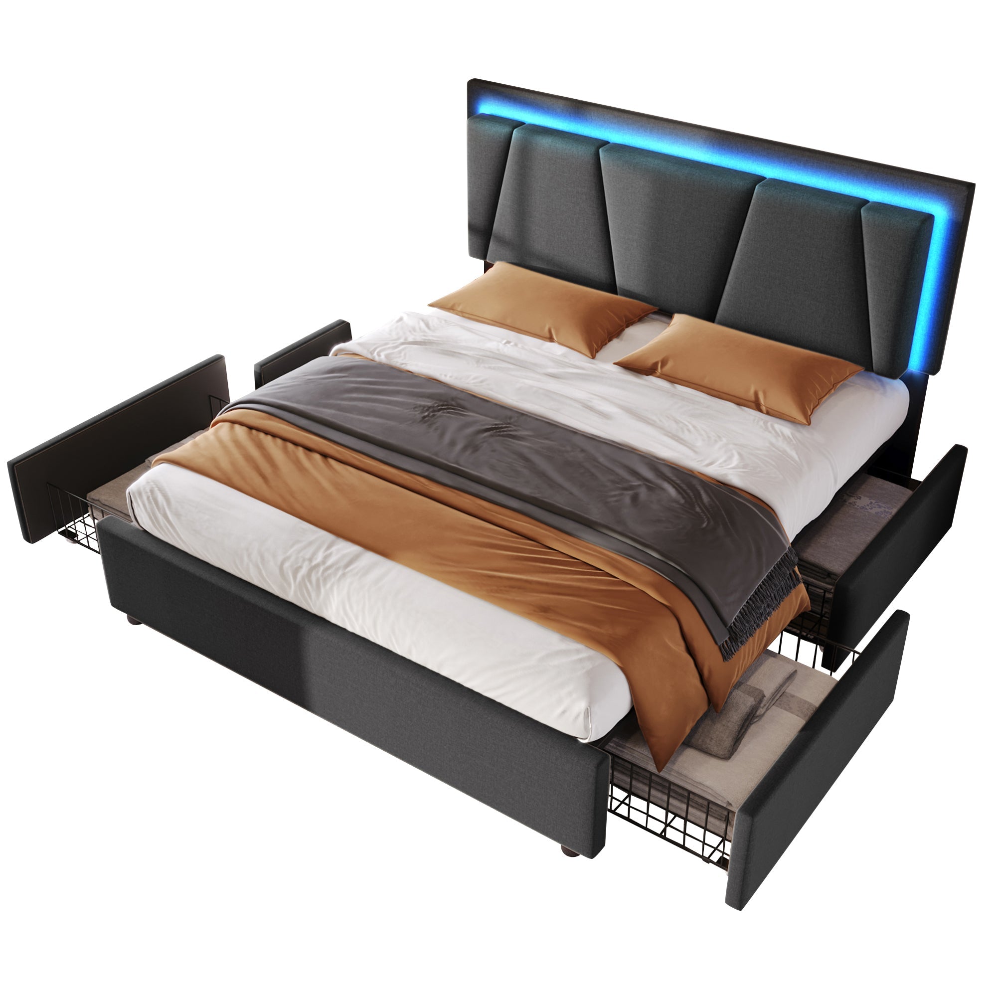 Upholstered Bed with LED Lighting, 4 Drawers, Height-Adjustable Headboard, Gray