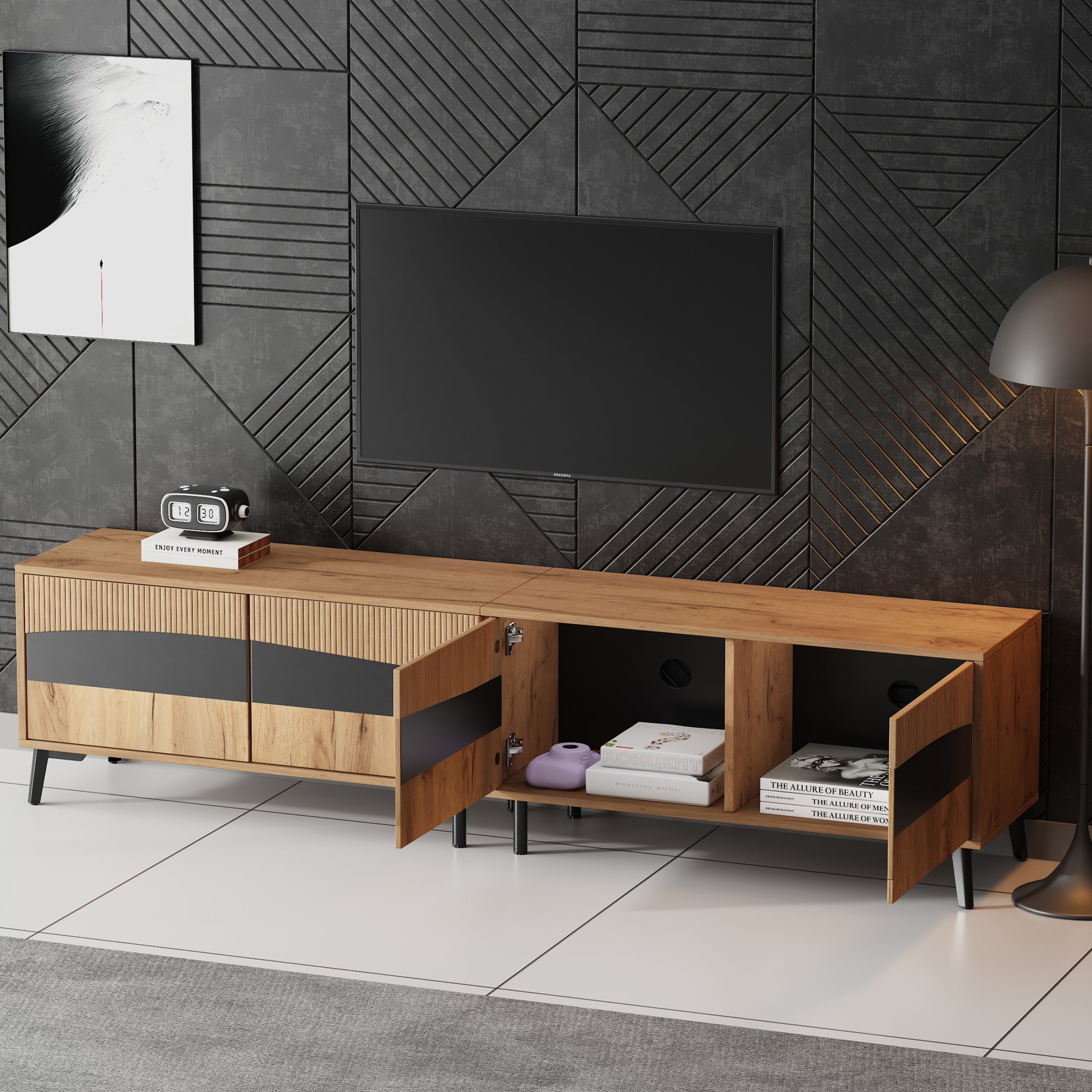 TV Cabinet, 180x40x50cm, 4 Cabinets, Symmetrical Design, Wood & Black