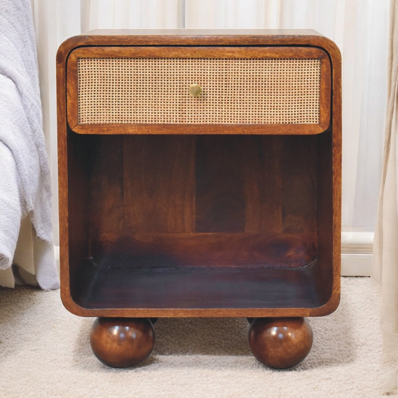 Solid Wood Bedside, Open Woven 1 Drawer, Dark Brown Chestnut