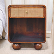 Solid Wood Bedside, Open Woven 1 Drawer, Dark Brown Chestnut