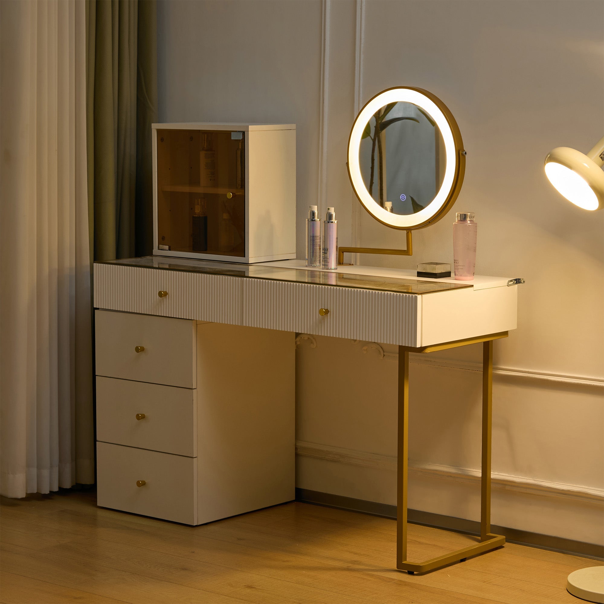 Dressing table set with LED-illuminated mirror, transparent tempered glass tabletop, side cabinet, white
