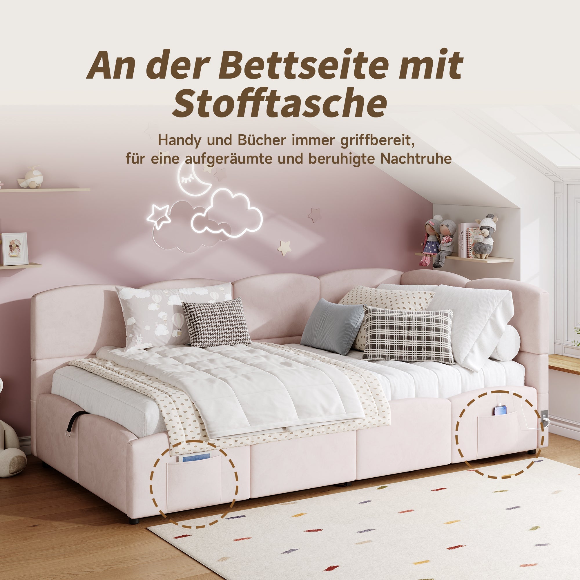Upholstered Bed with USB Charger and Storage, 90x200cm, Pink Velvet