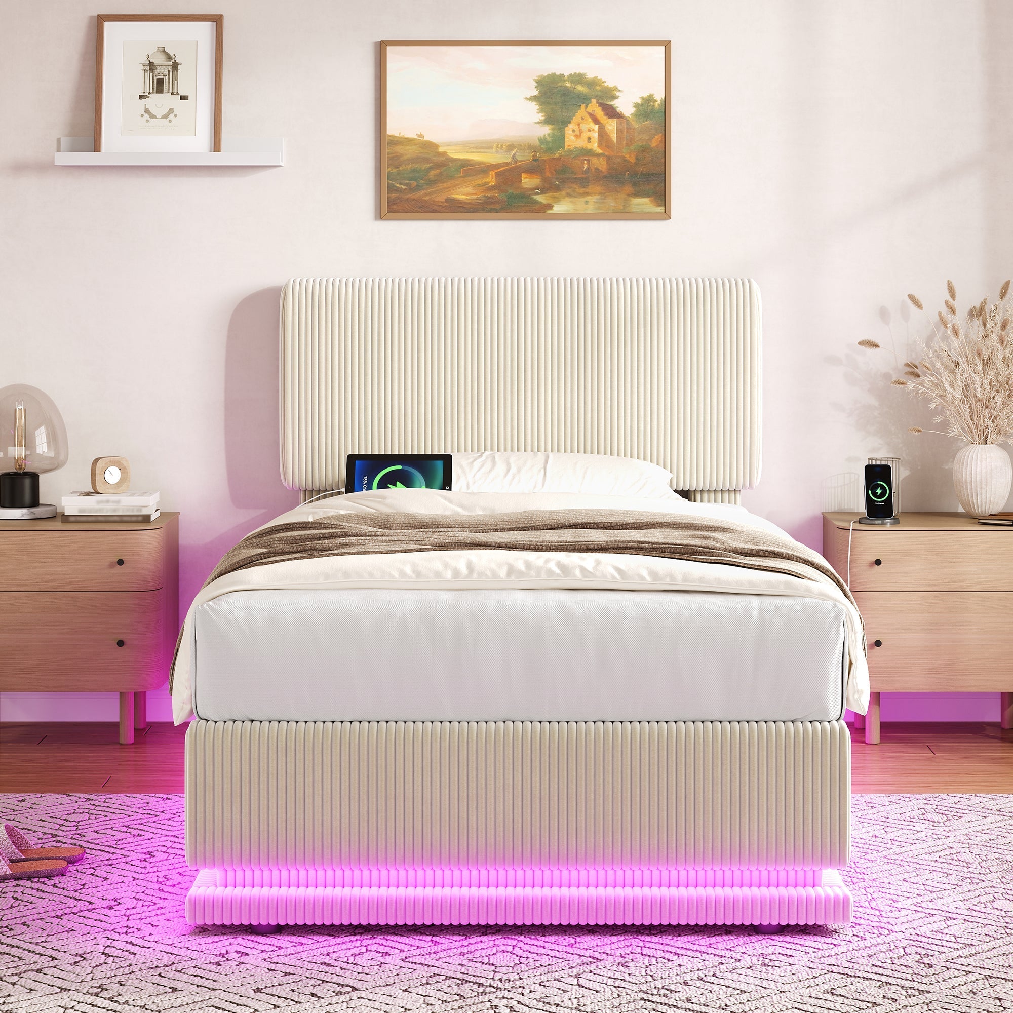 Modern Upholstered Bed with LED Lighting, USB-C and Storage, 90*200 Beige Corduroy