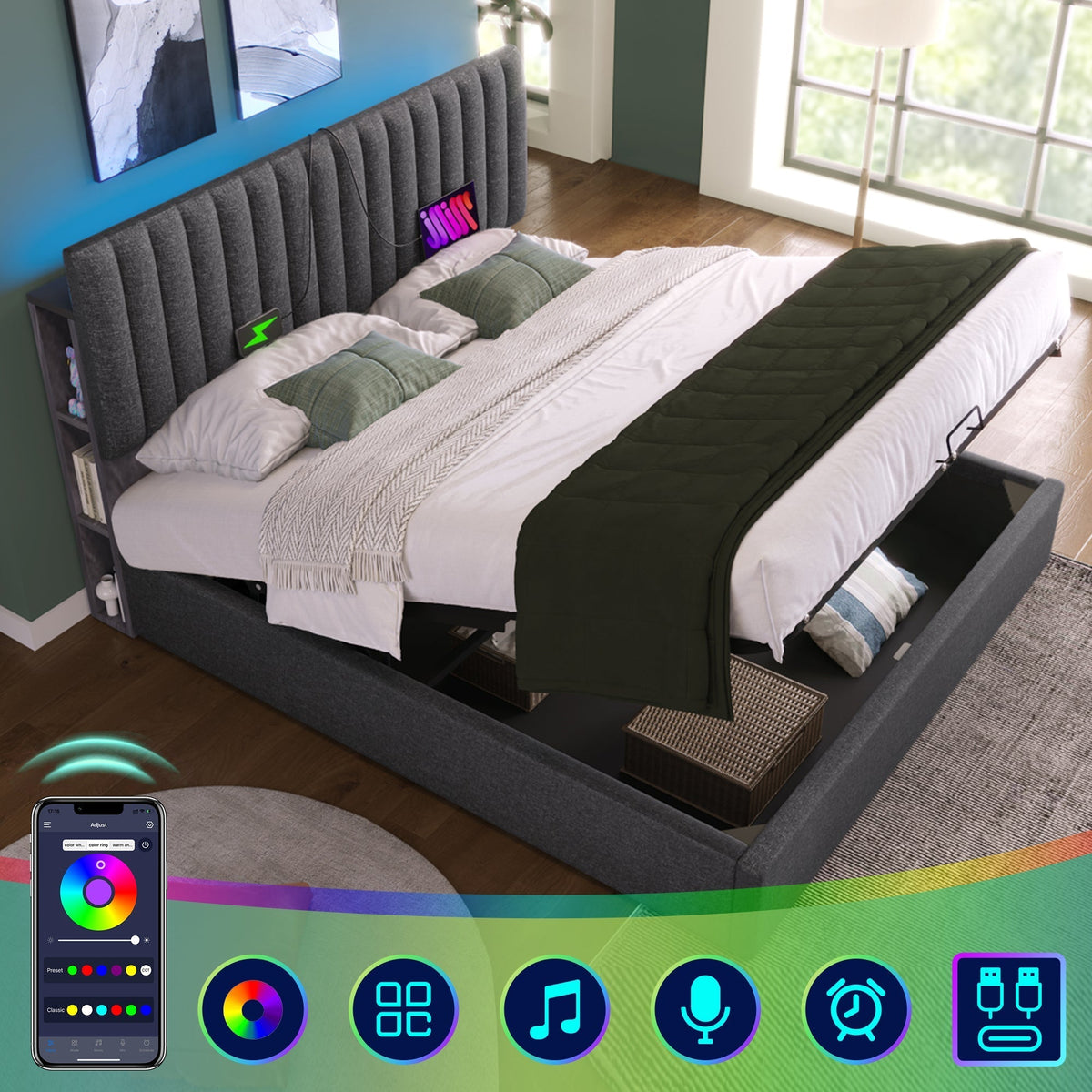 Upholstered Bed Double Storage LED App-Control USB Adjustable Headboard 140x200cm, Grey