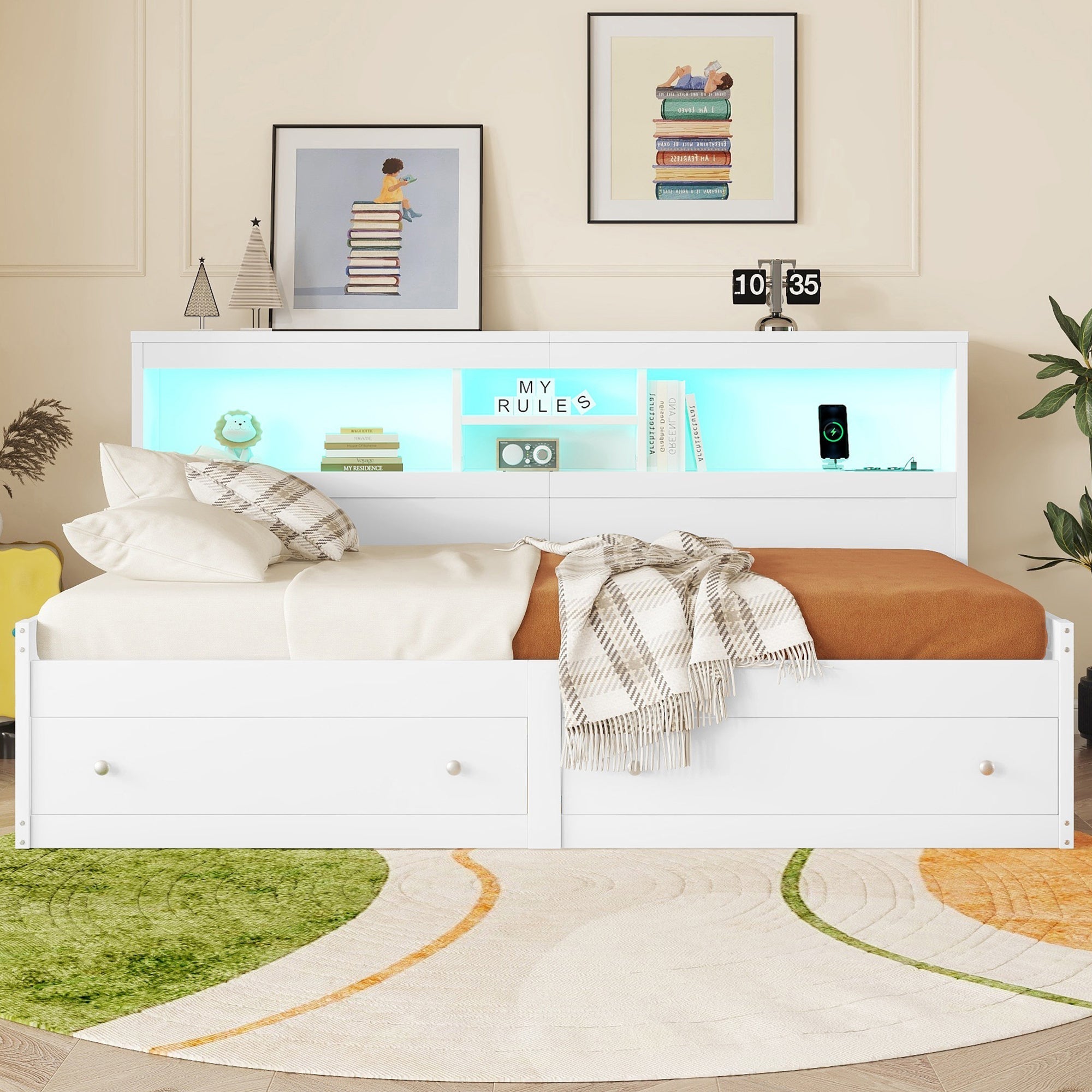 Daybed Sofa Bed 90x200cm Storage Drawers LED USB Charging - White Chipboard