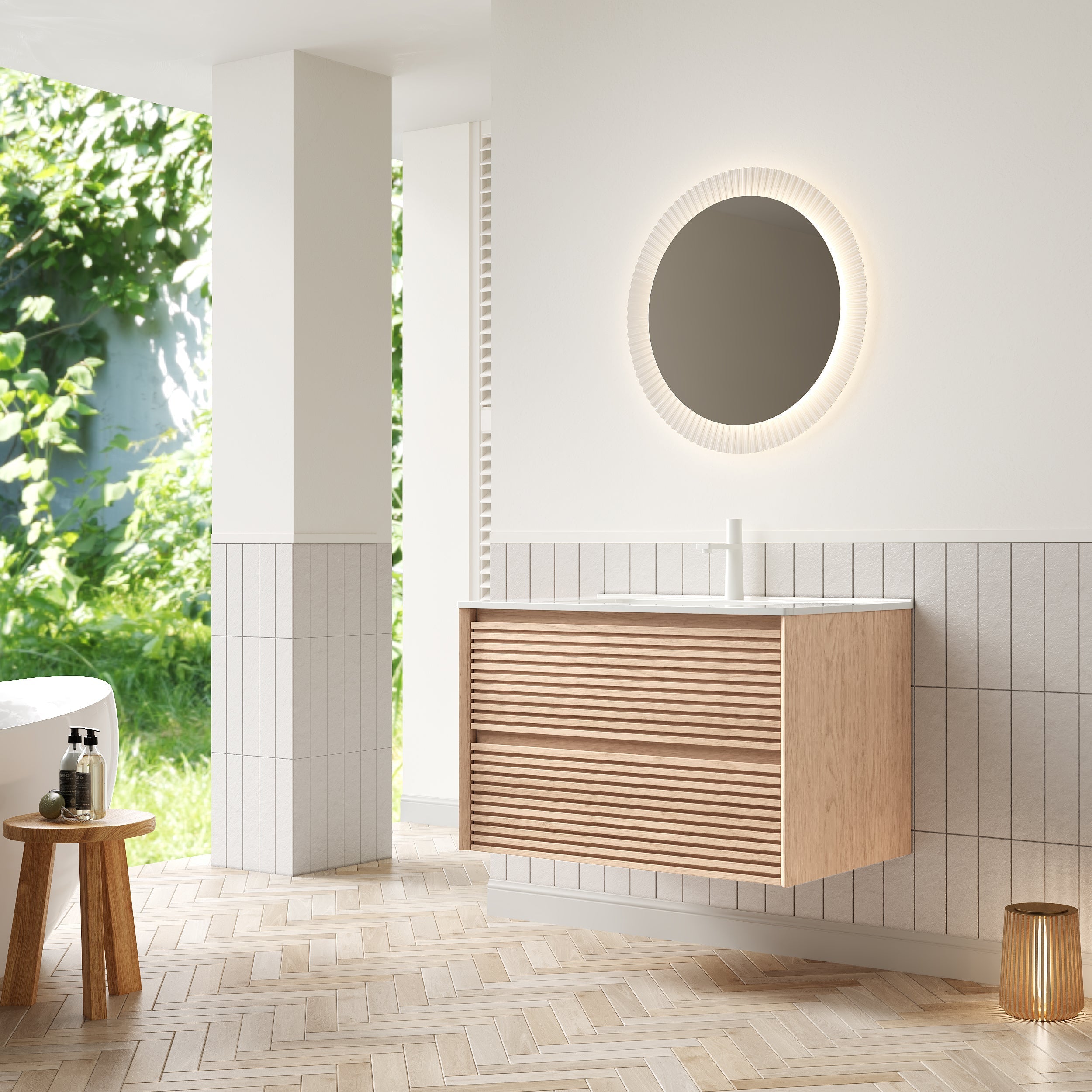 BRON Wall Mounted Vanity 81cm Ceramic Undermount Basin 2-Drawer Cinnamon Walnut Wood Grain